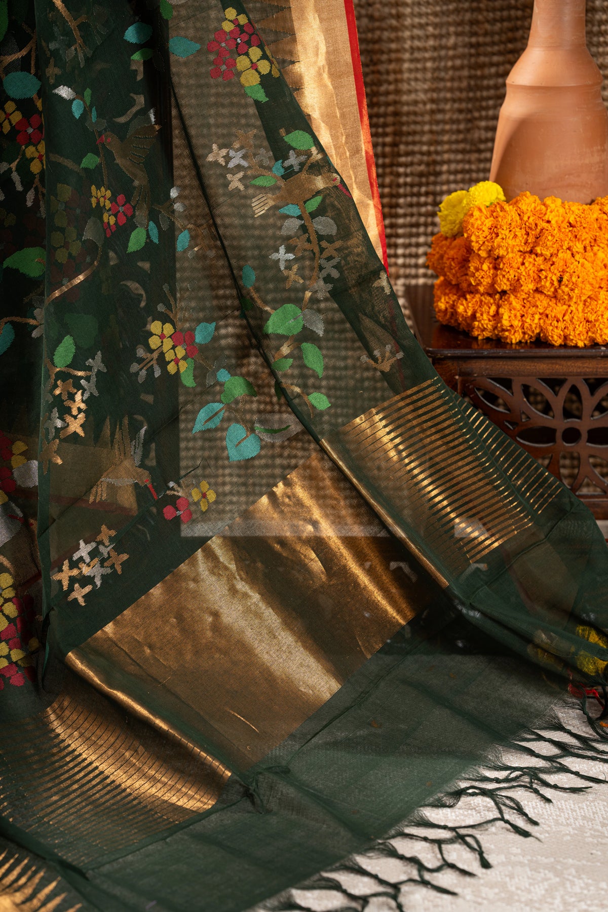 Ponduru Handspun Cotton All Over Jamdani Jaal Dark Green Saree