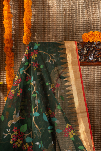 Ponduru Handspun Cotton All Over Jamdani Jaal Dark Green Saree
