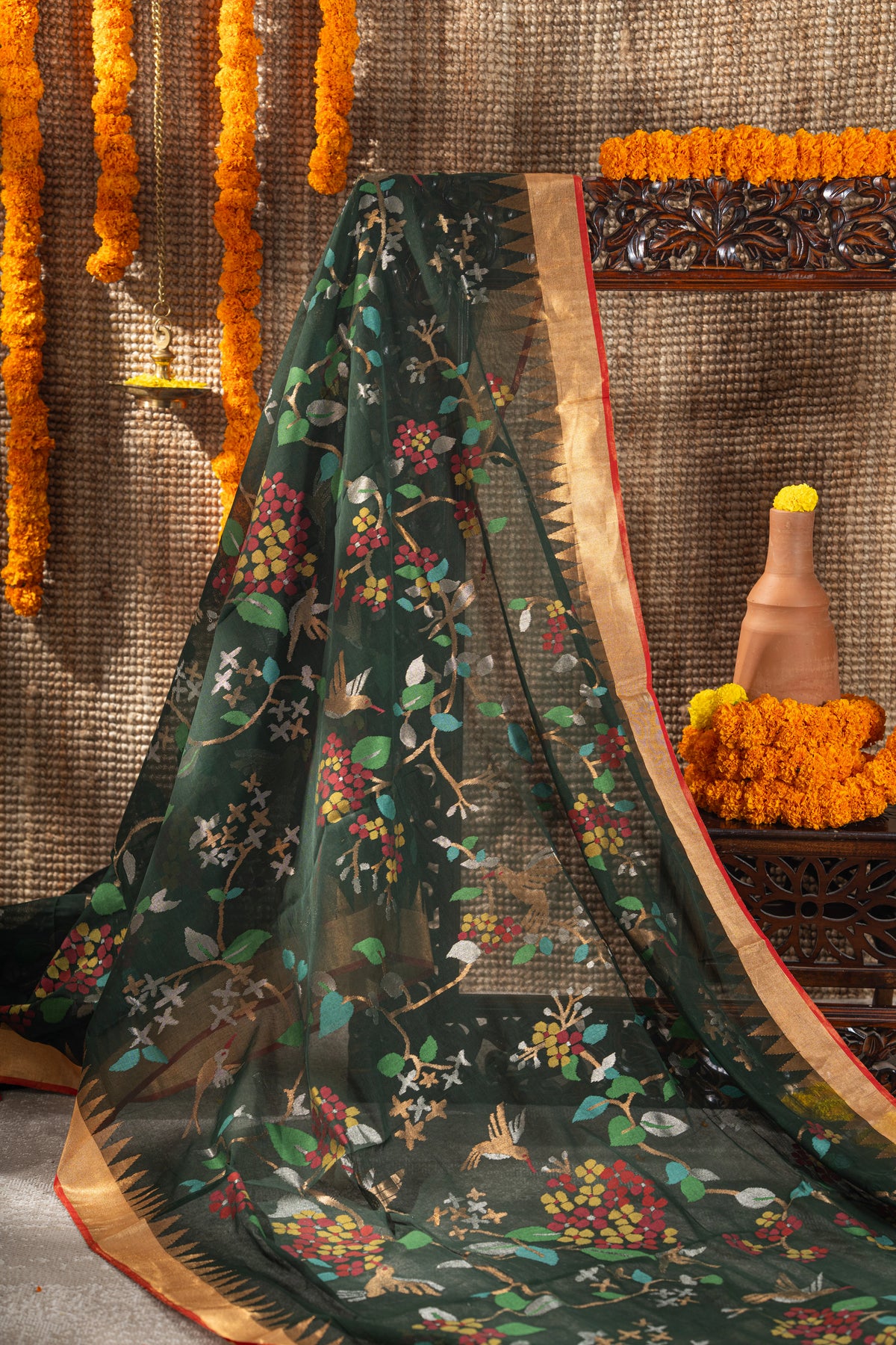 Ponduru Handspun Cotton All Over Jamdani Jaal Dark Green Saree