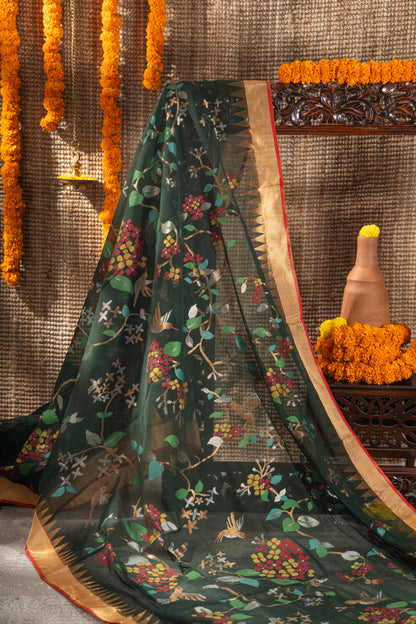 Ponduru Handspun Cotton All Over Jamdani Jaal Dark Green Saree