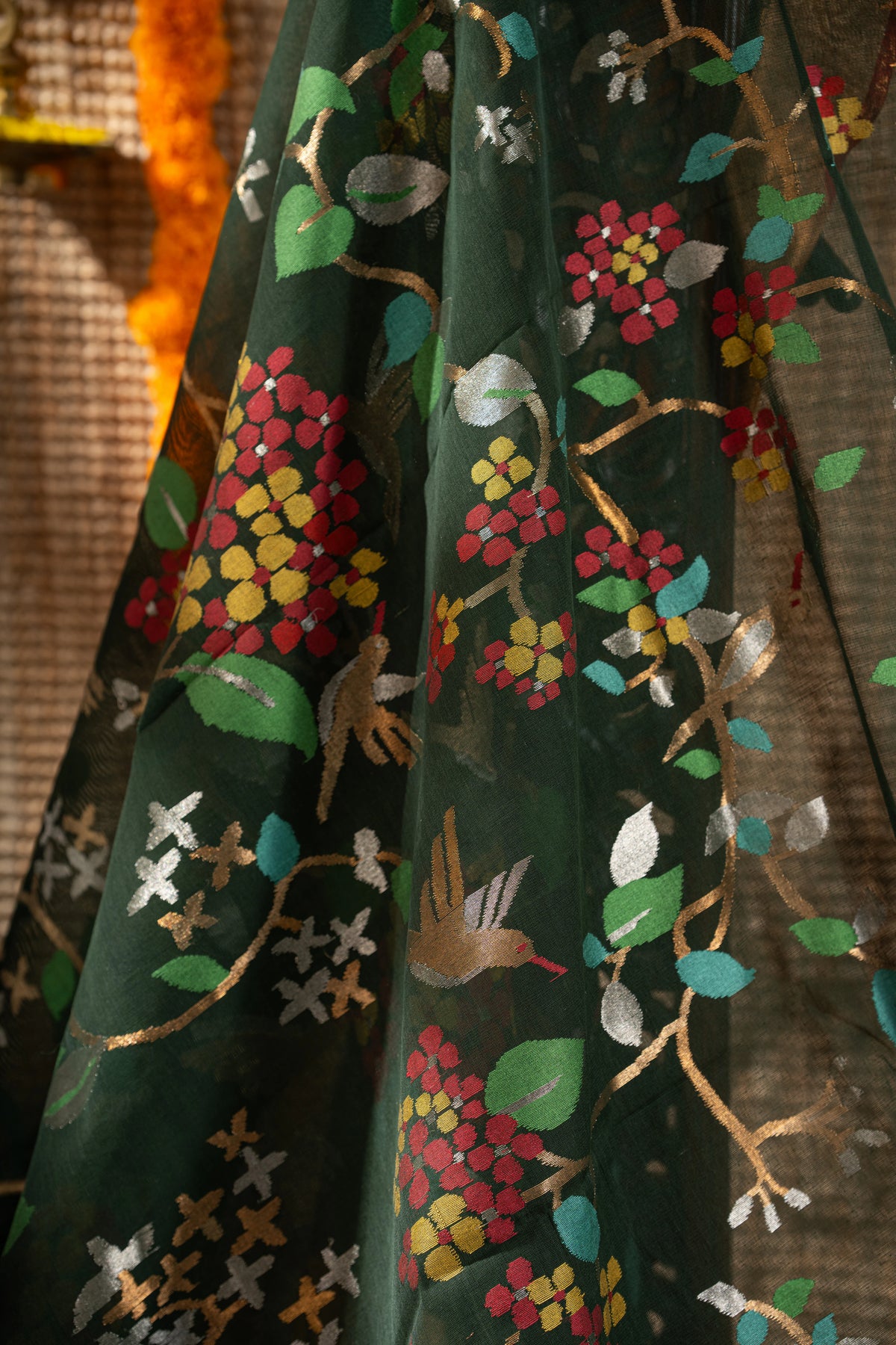 Ponduru Handspun Cotton All Over Jamdani Jaal Dark Green Saree