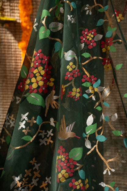 Ponduru Handspun Cotton All Over Jamdani Jaal Dark Green Saree