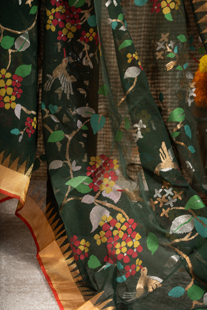 Ponduru Handspun Cotton All Over Jamdani Jaal Dark Green Saree