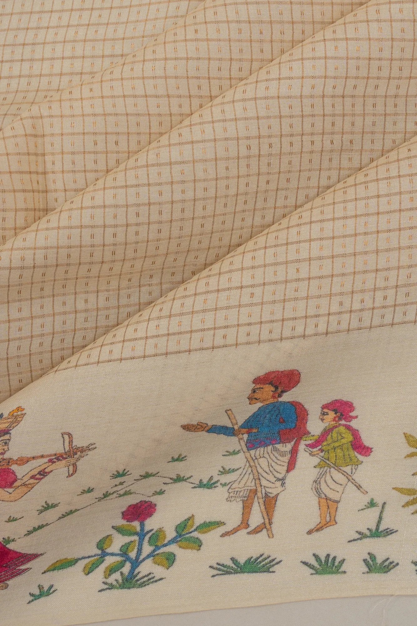 Soft Tussar Checks Beige Saree