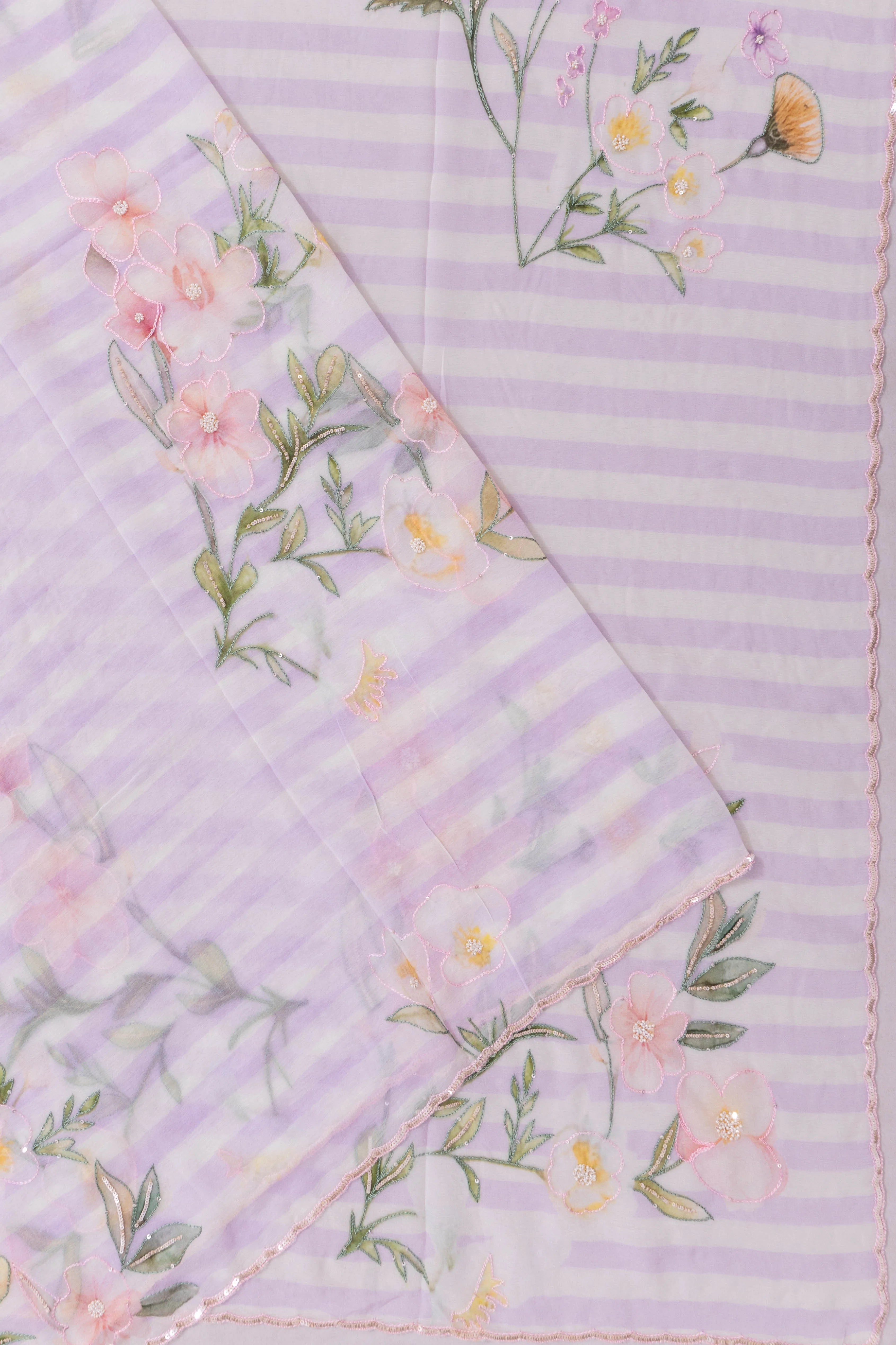 Organza Floral Embroidery And Lines Lavender Saree