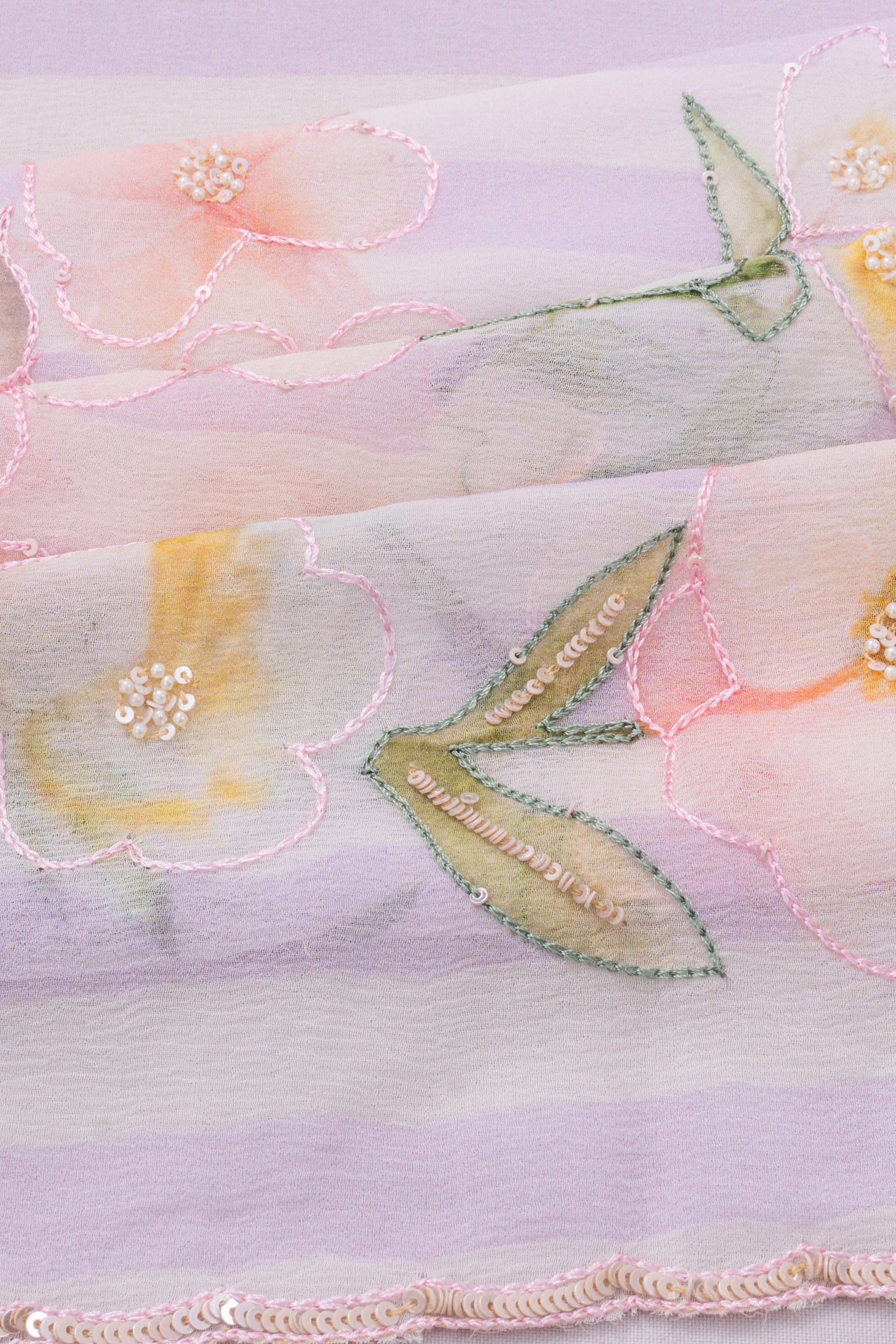 Organza Floral Embroidery And Lines Lavender Saree