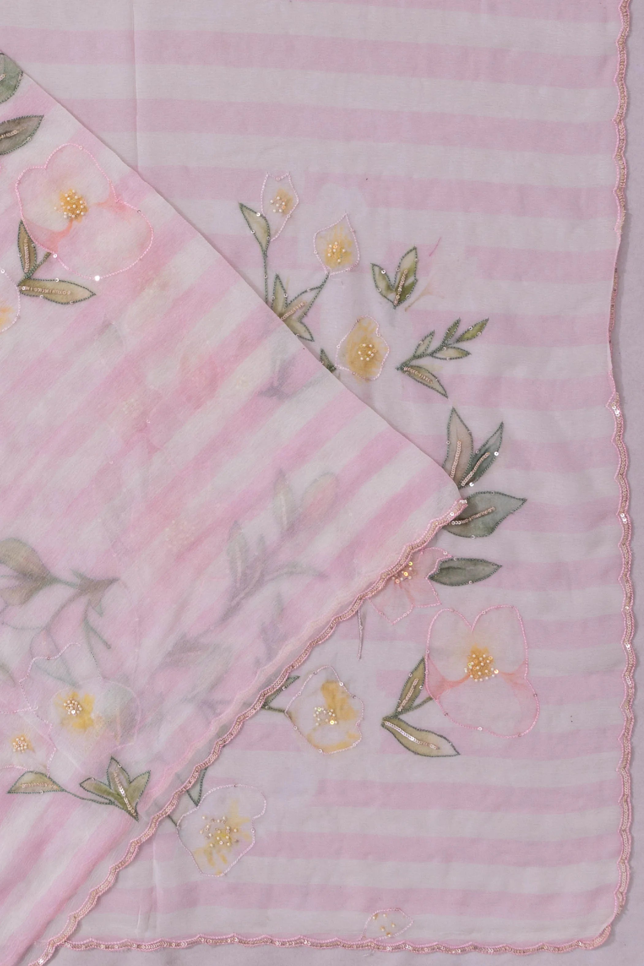 Organza Floral Embroidery And Lines Pink Saree
