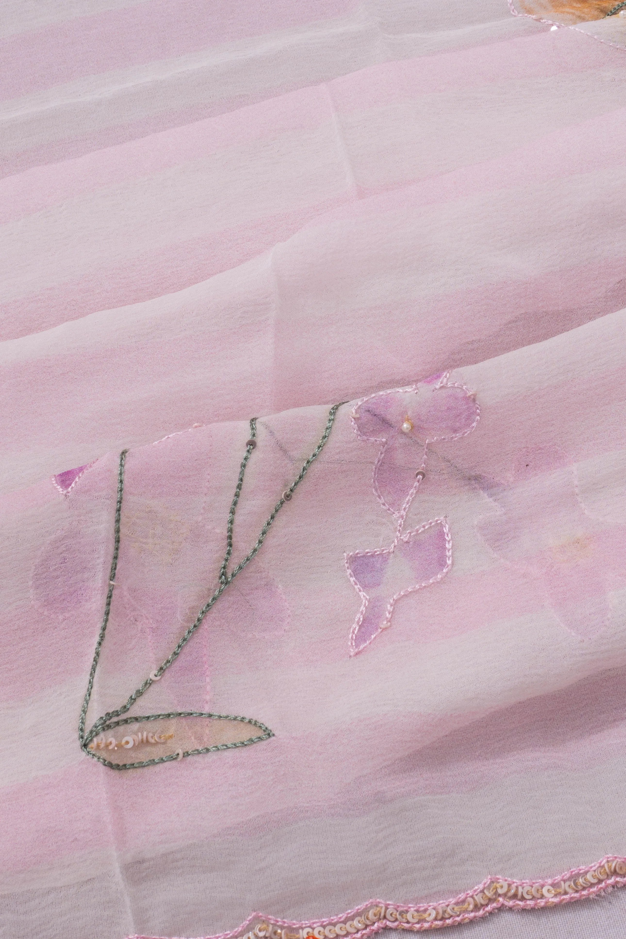 Organza Floral Embroidery And Lines Pink Saree
