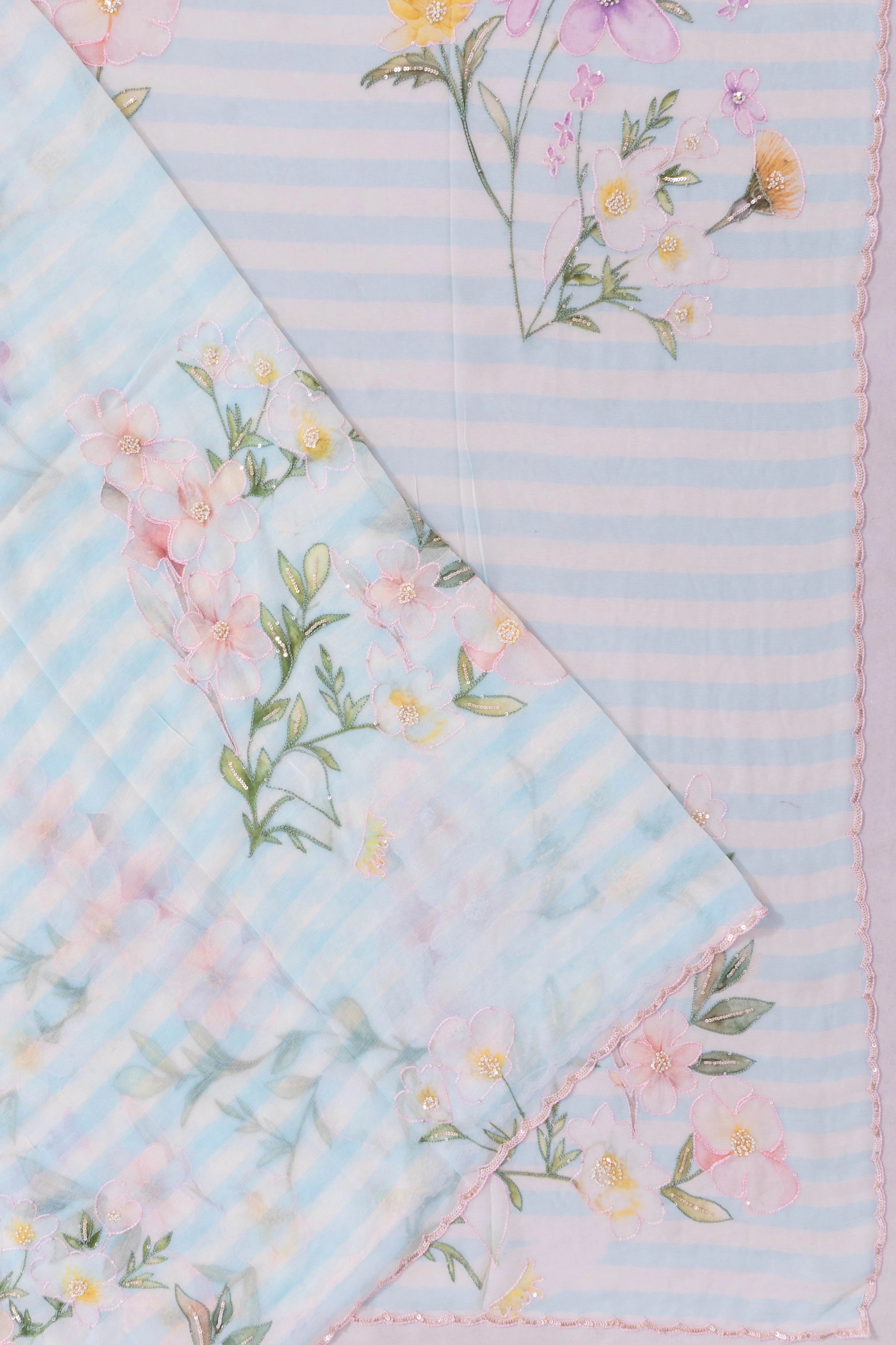 Organza Floral Embroidery And Lines Sky Blue Saree