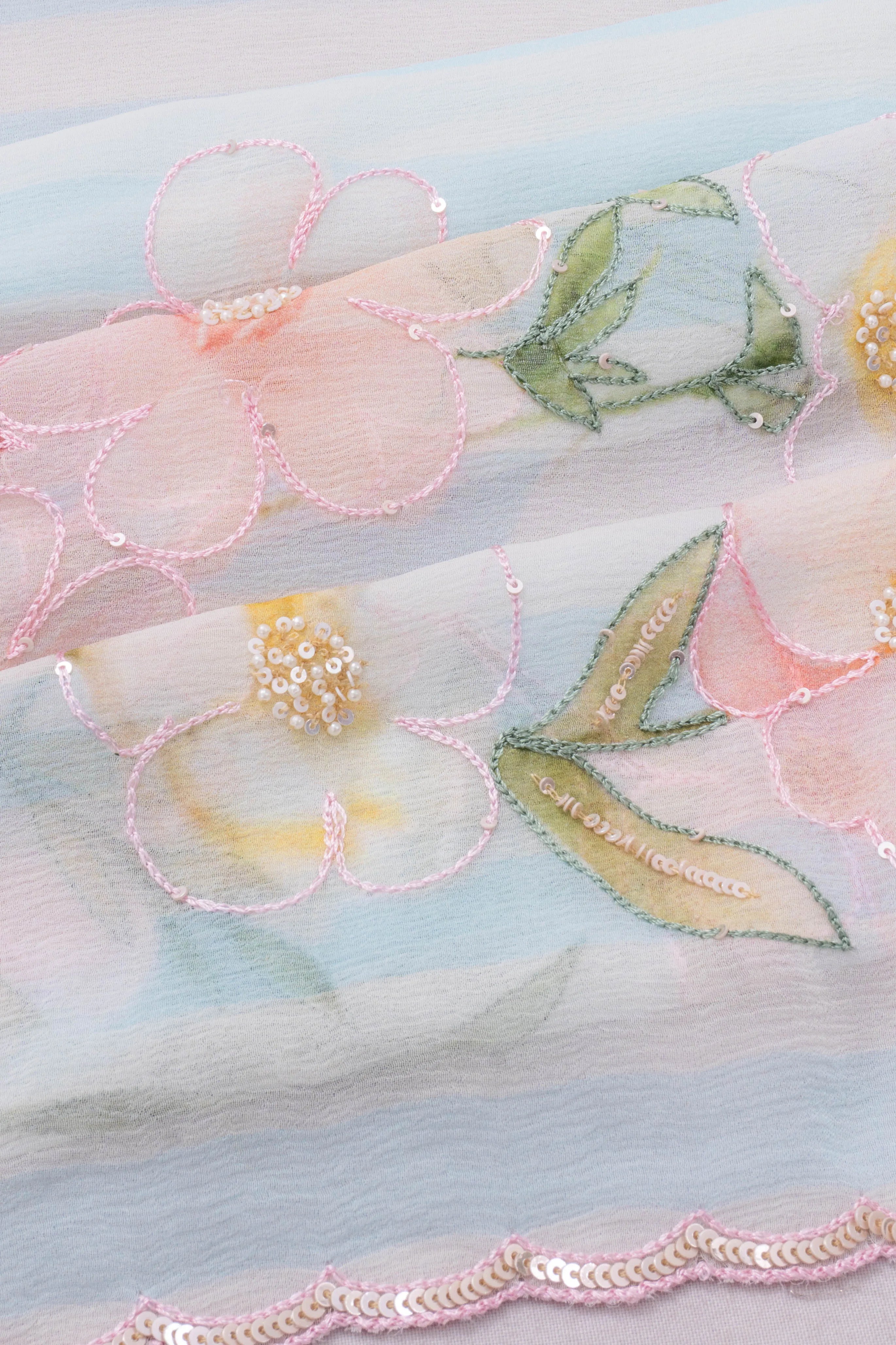 Organza Floral Embroidery And Lines Sky Blue Saree