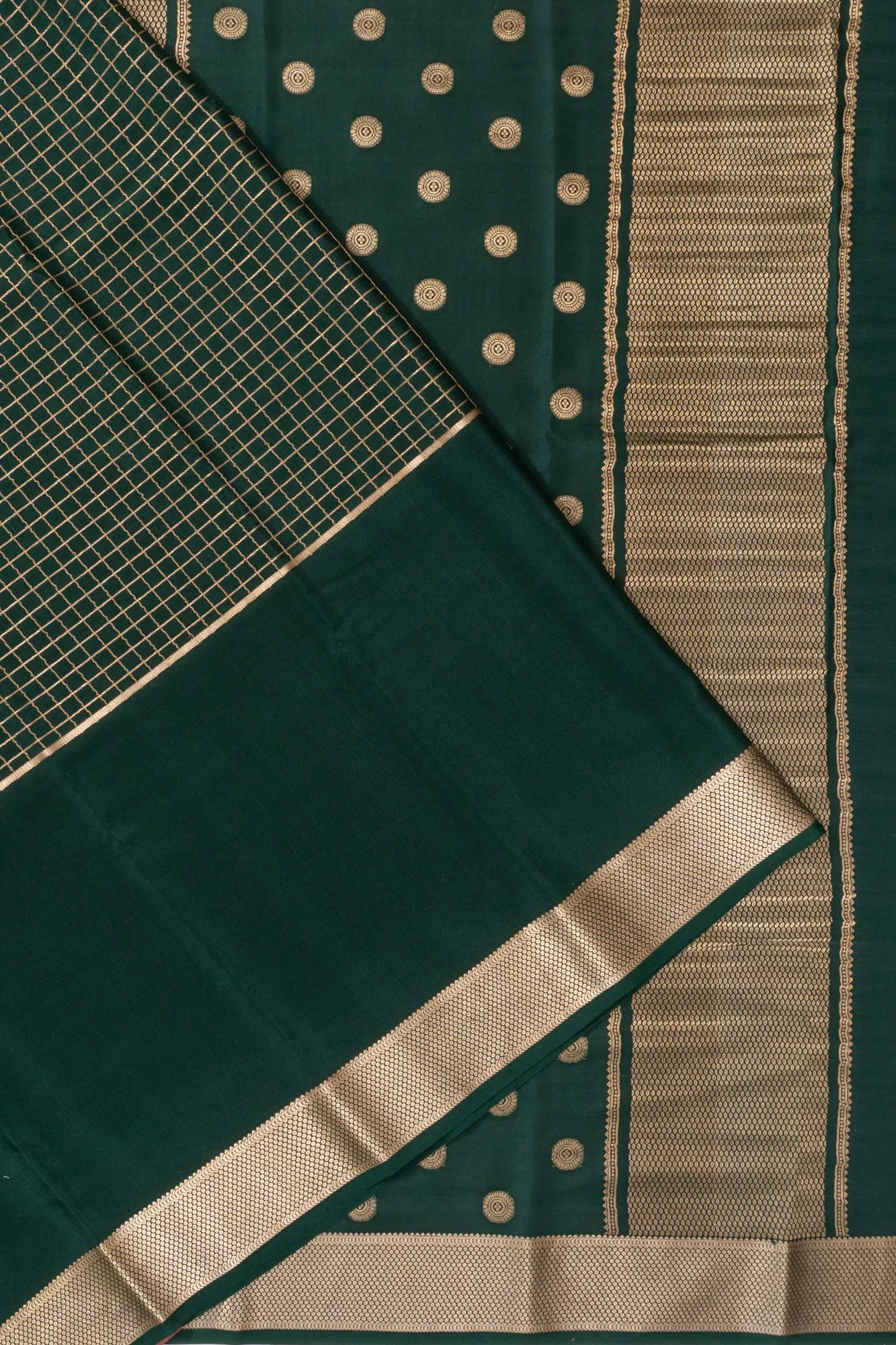 Mysore Silk Checks Bottle Green Saree