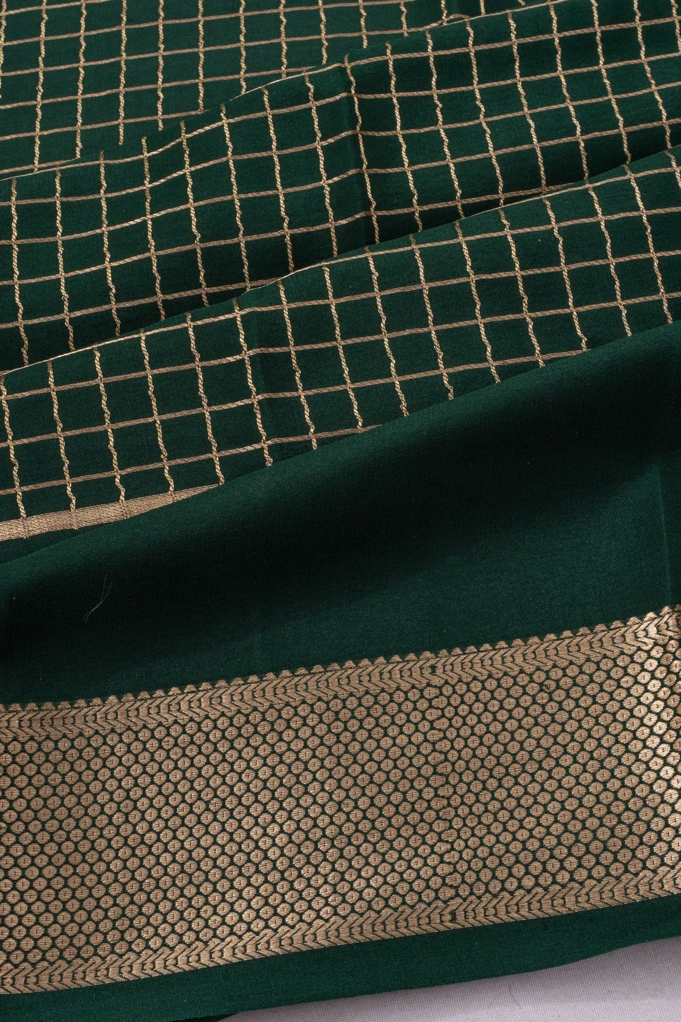 Mysore Silk Checks Bottle Green Saree