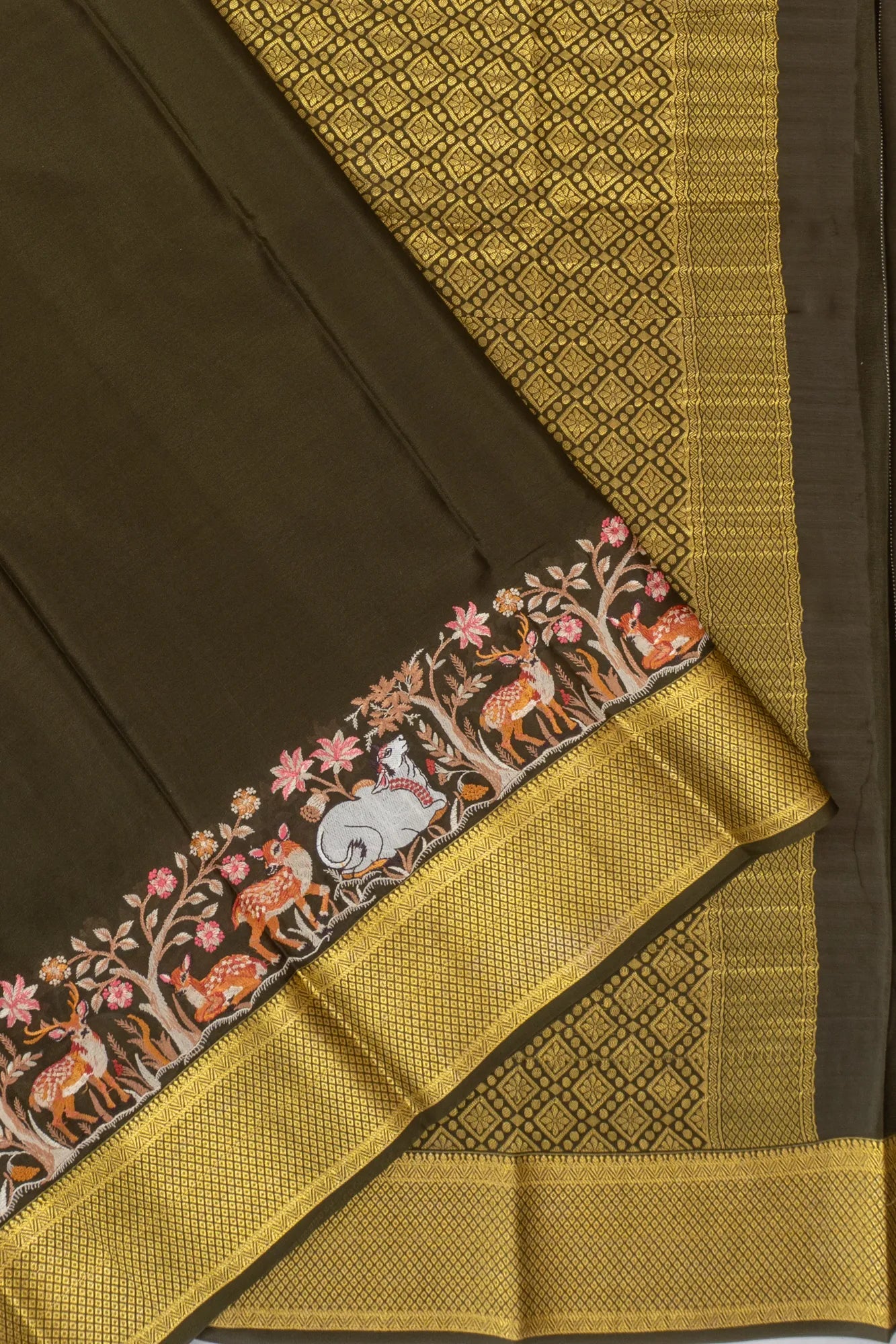 Mysore Silk Plain Brown Saree With Embroidery