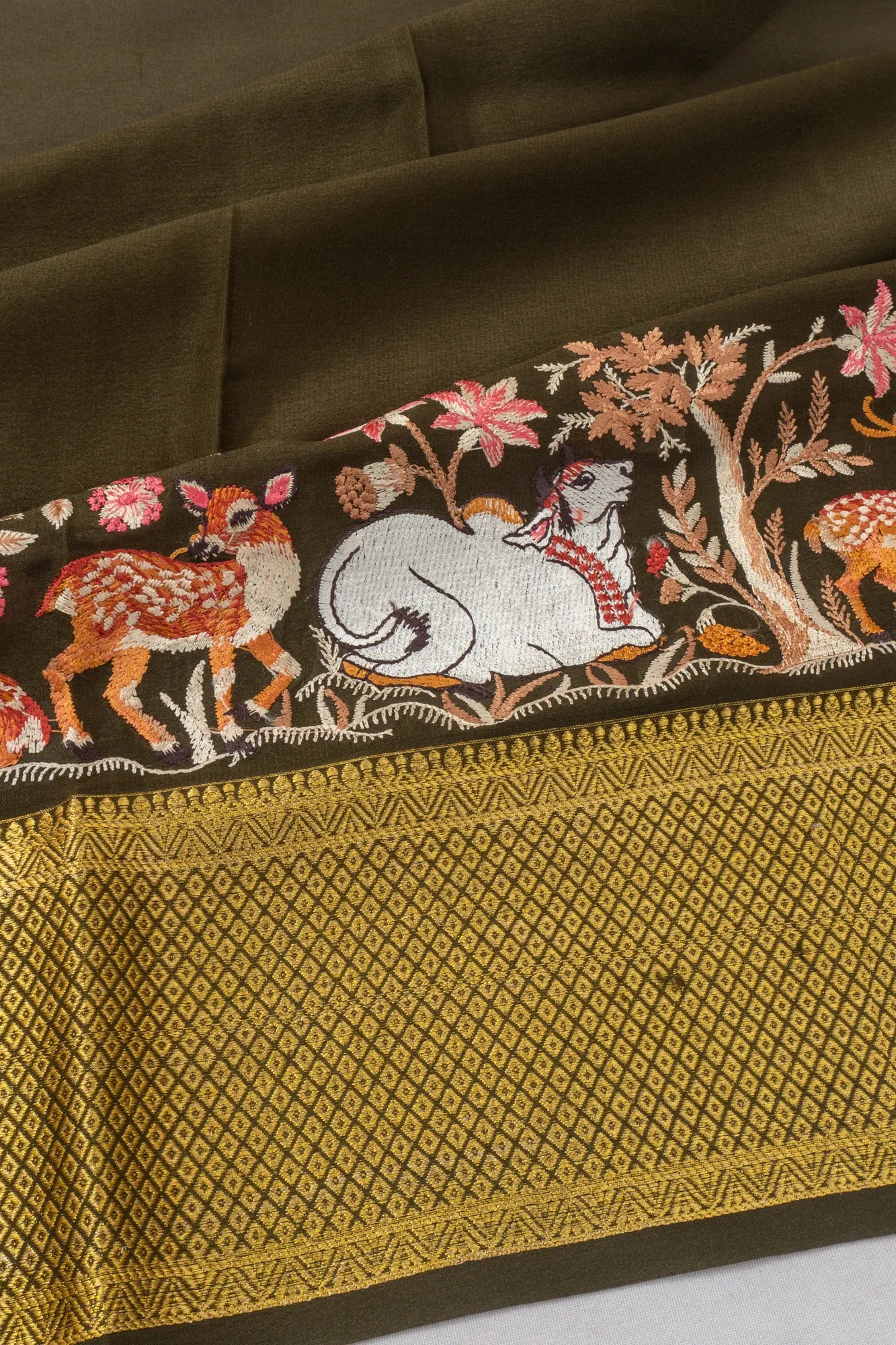 Mysore Silk Plain Brown Saree With Embroidery