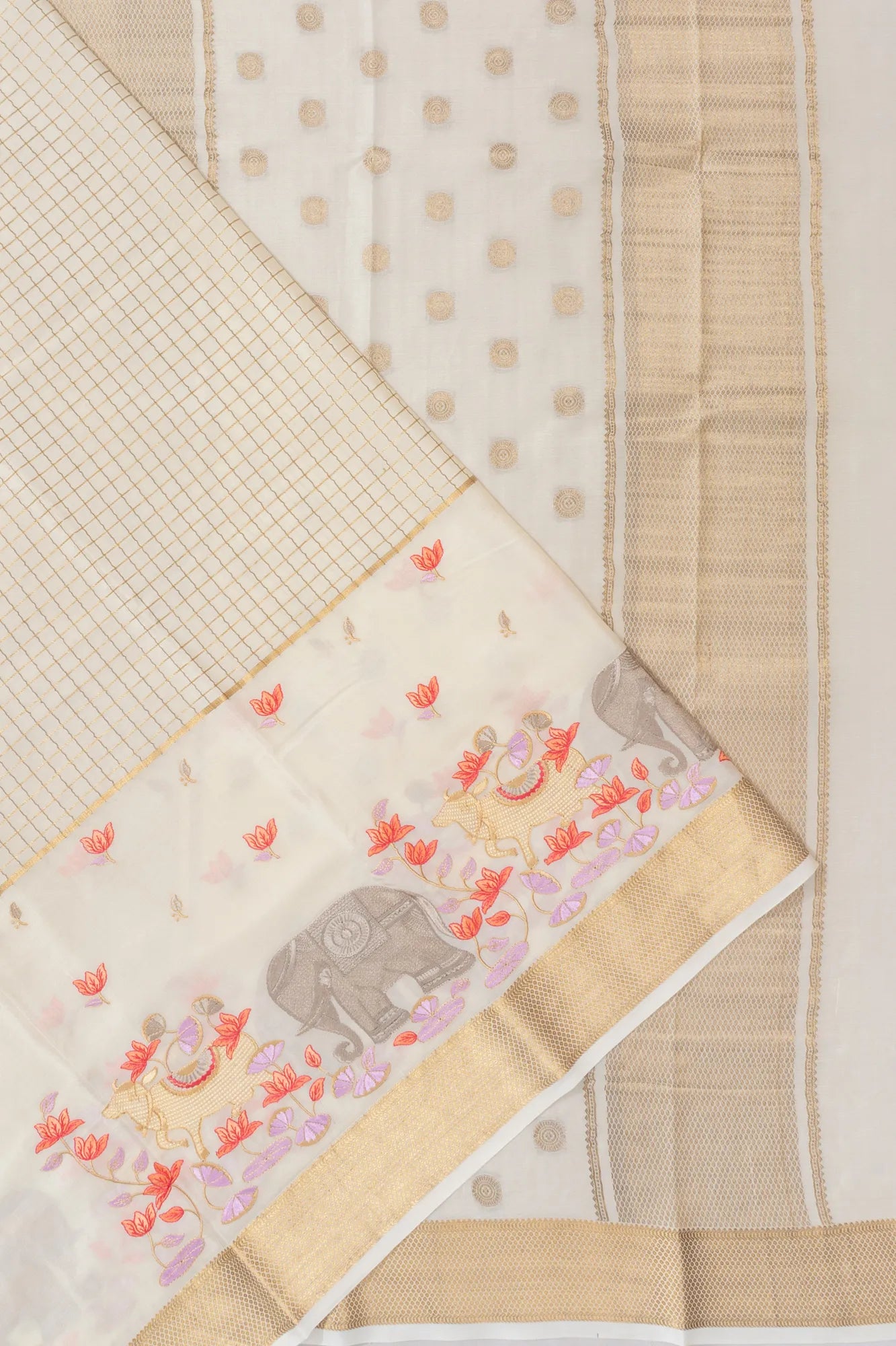 Mysore Silk Checks White Saree With Embroidery