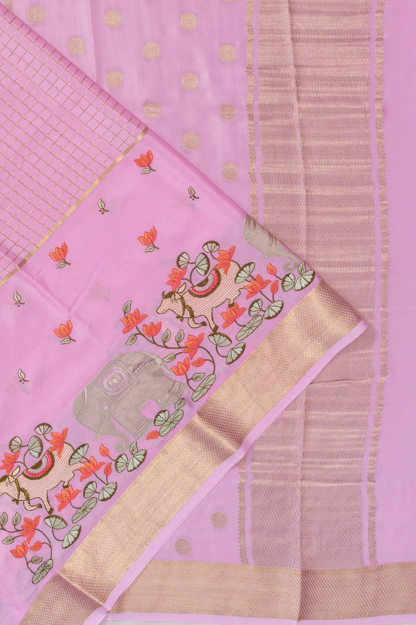Mysore Silk Checks Lavender Saree With Embroidery