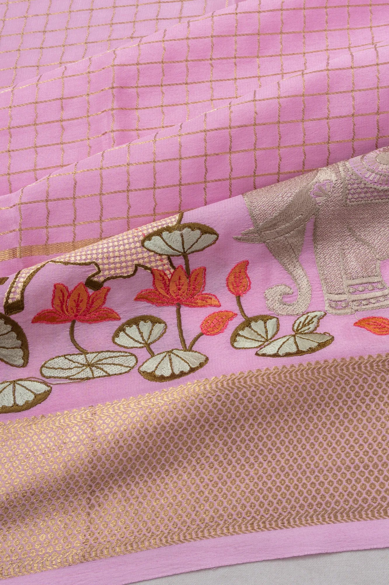 Mysore Silk Checks Lavender Saree With Embroidery