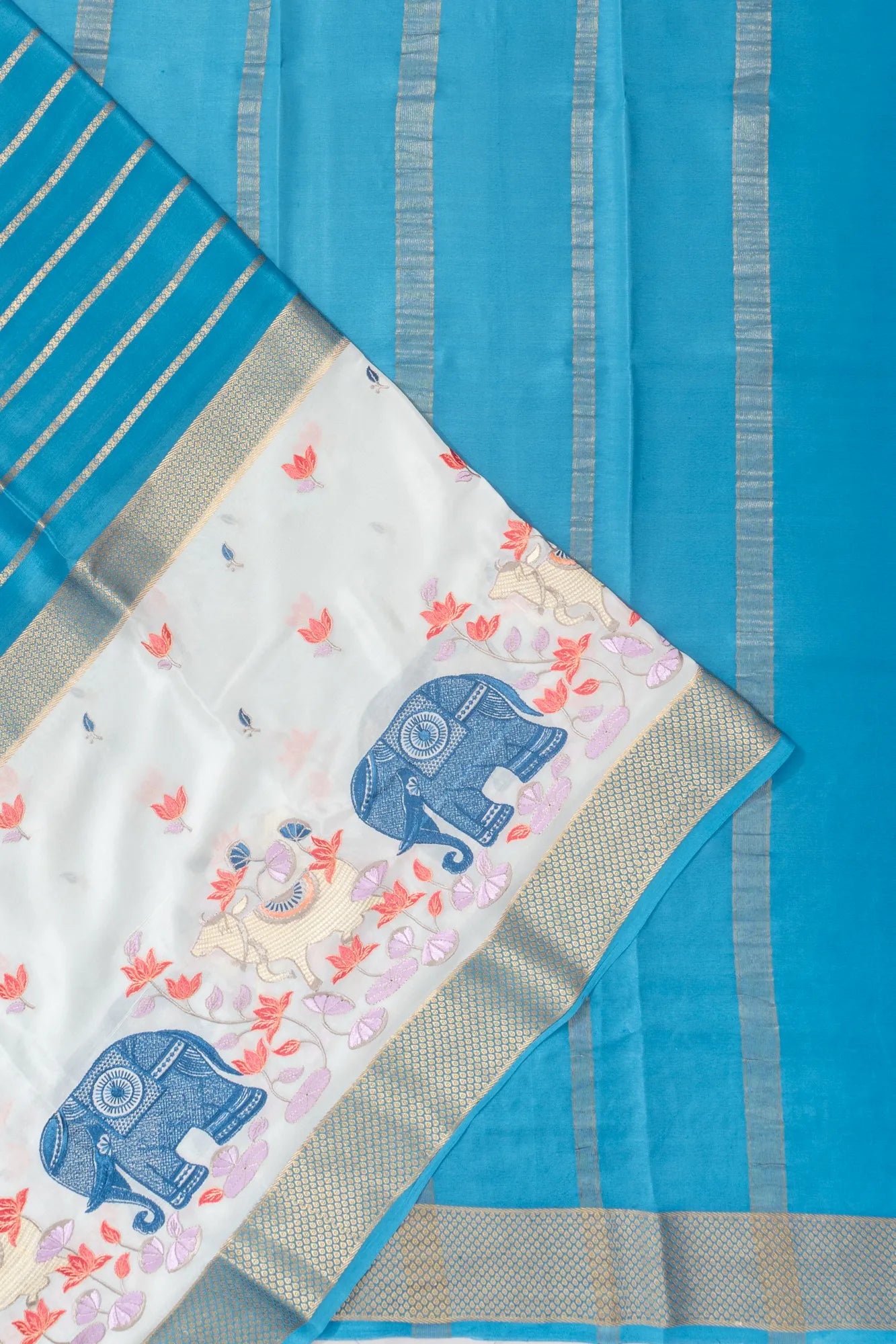 Mysore Silk Brocade Blue Saree With Embroidery