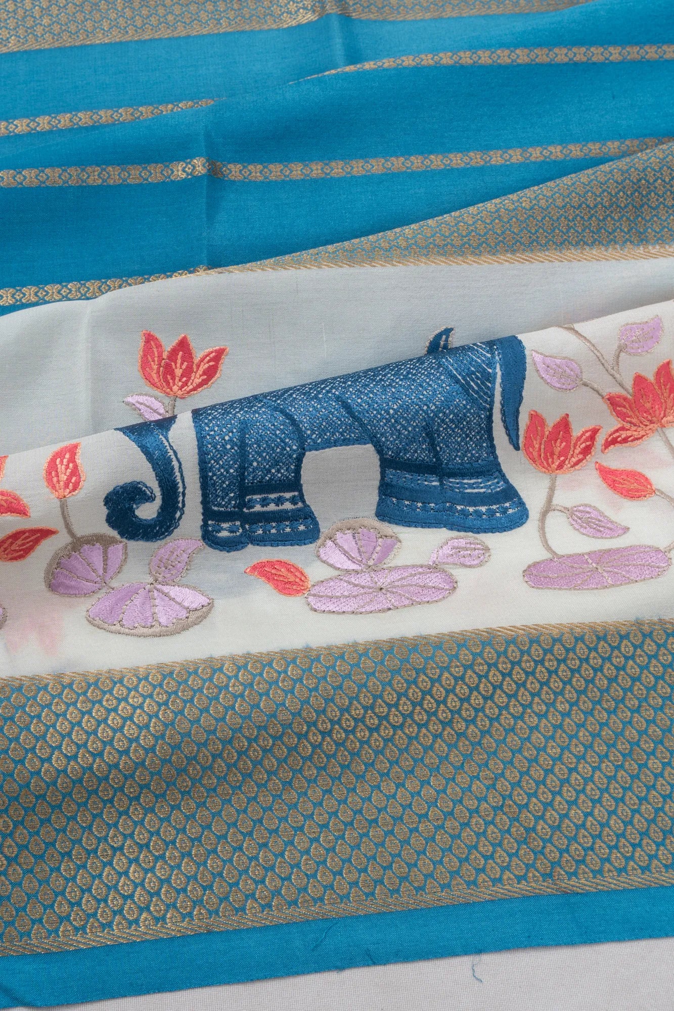 Mysore Silk Brocade Blue Saree With Embroidery