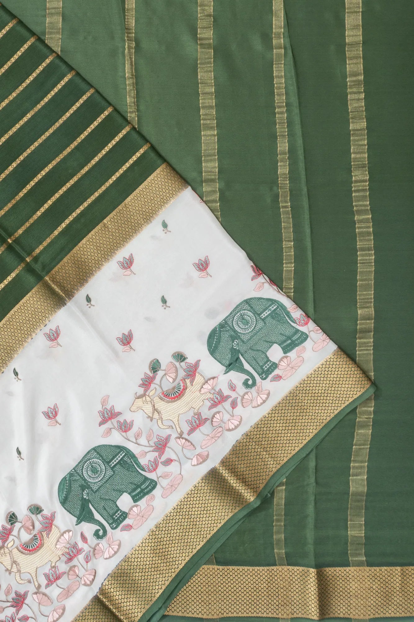 Mysore Silk Brocade Bottle Green Saree With Embroidery