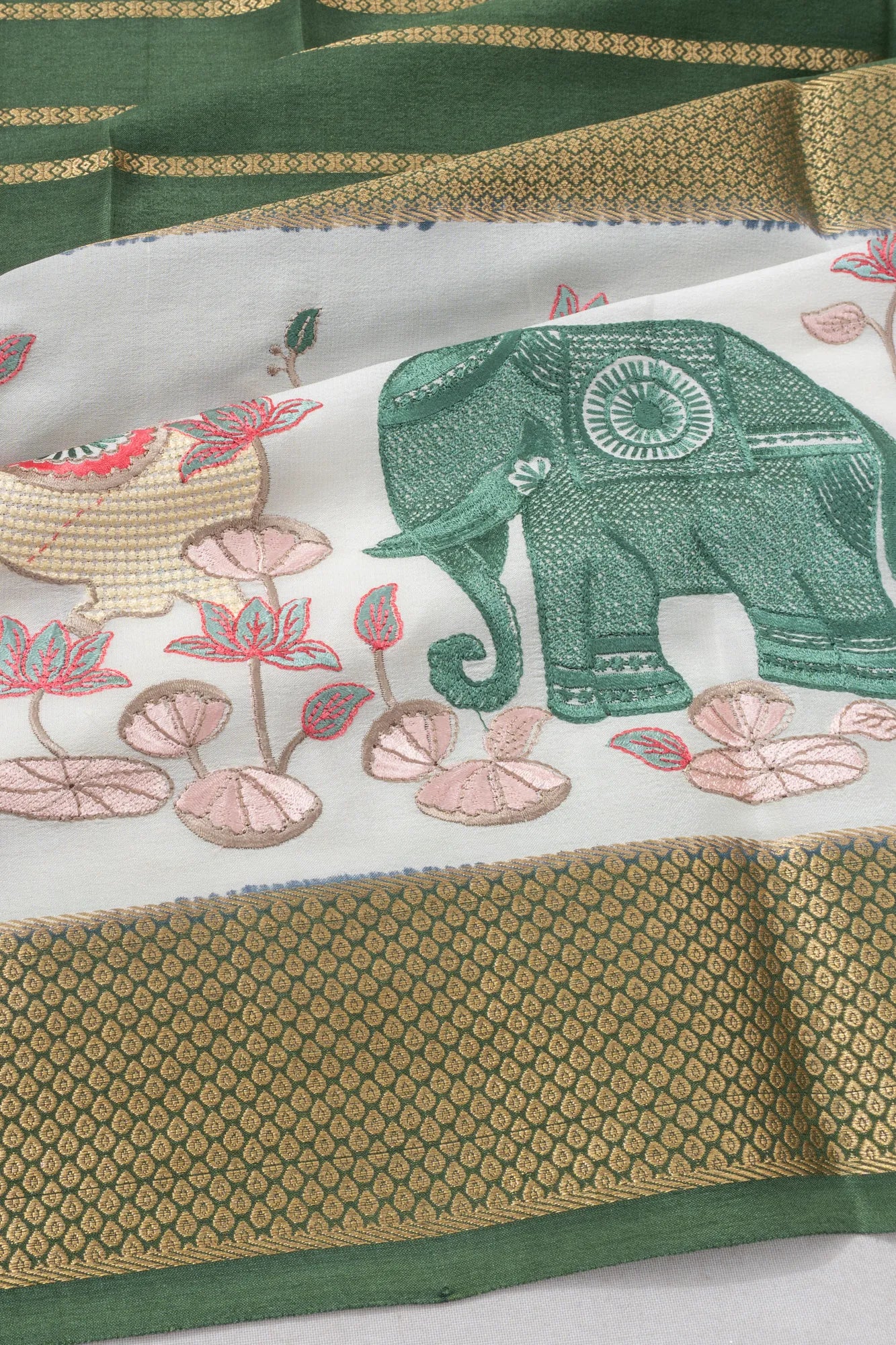 Mysore Silk Brocade Bottle Green Saree With Embroidery