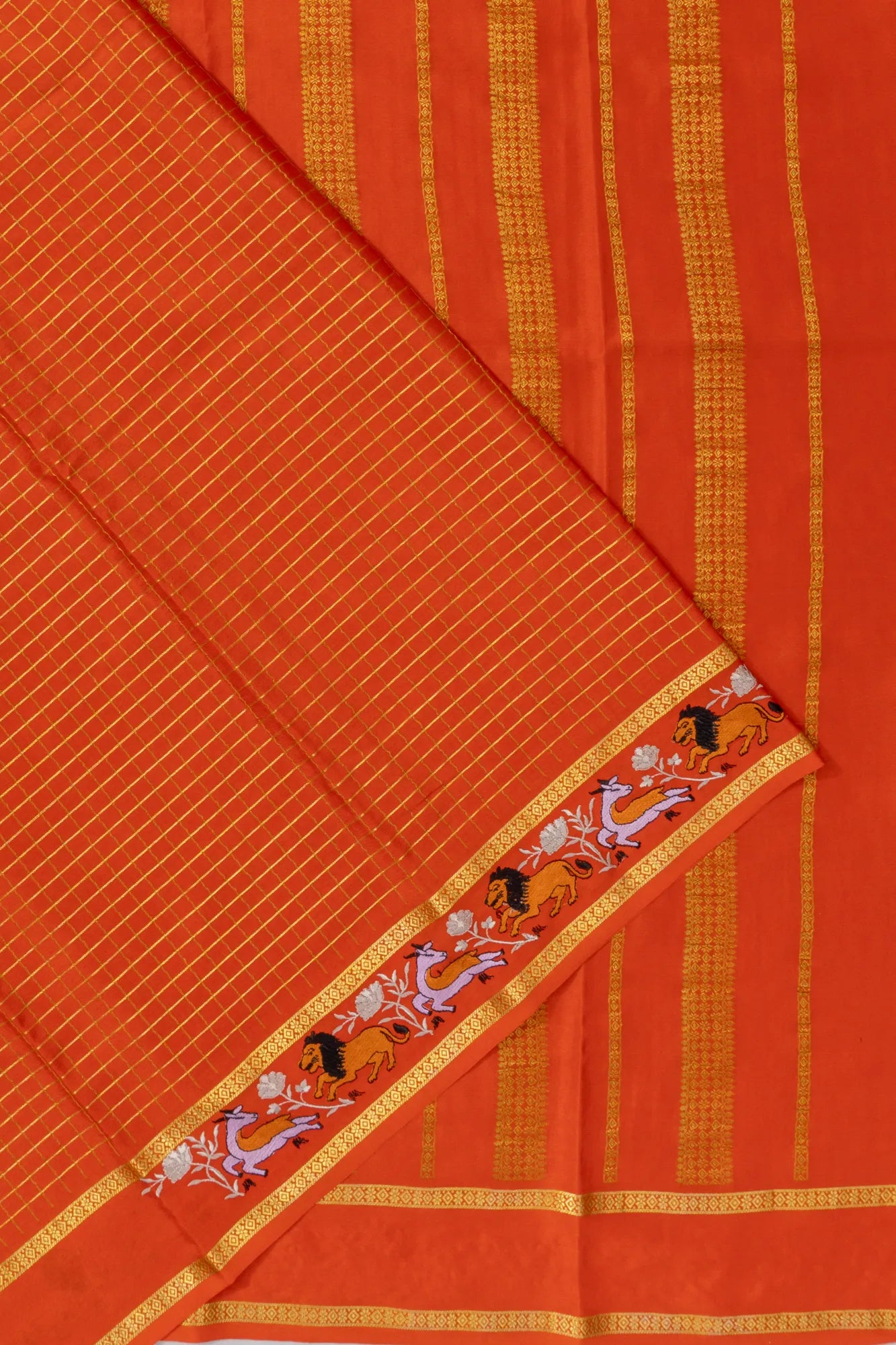 Mysore Silk Checks Orange Saree With Embroidery Border