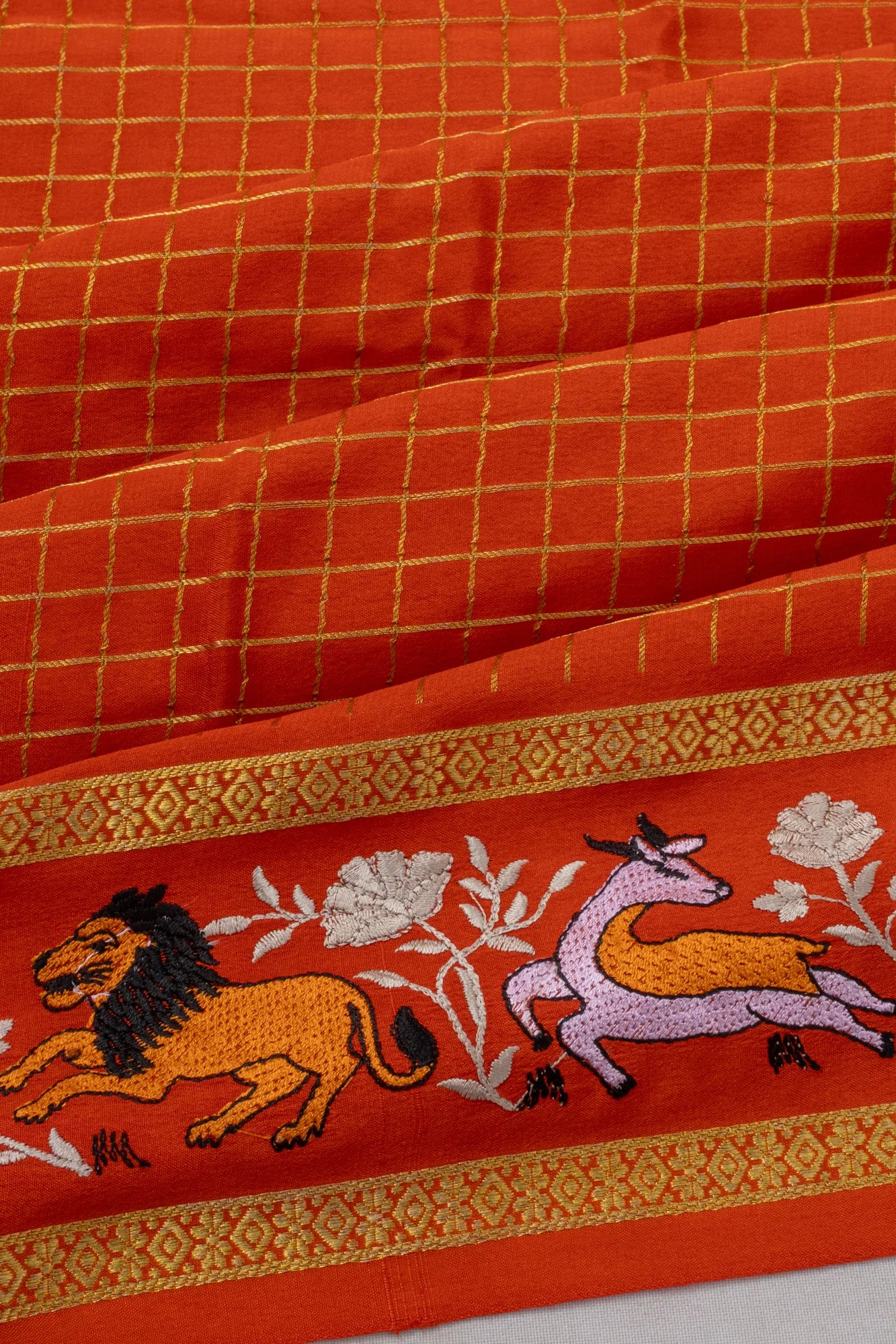 Mysore Silk Checks Orange Saree With Embroidery Border