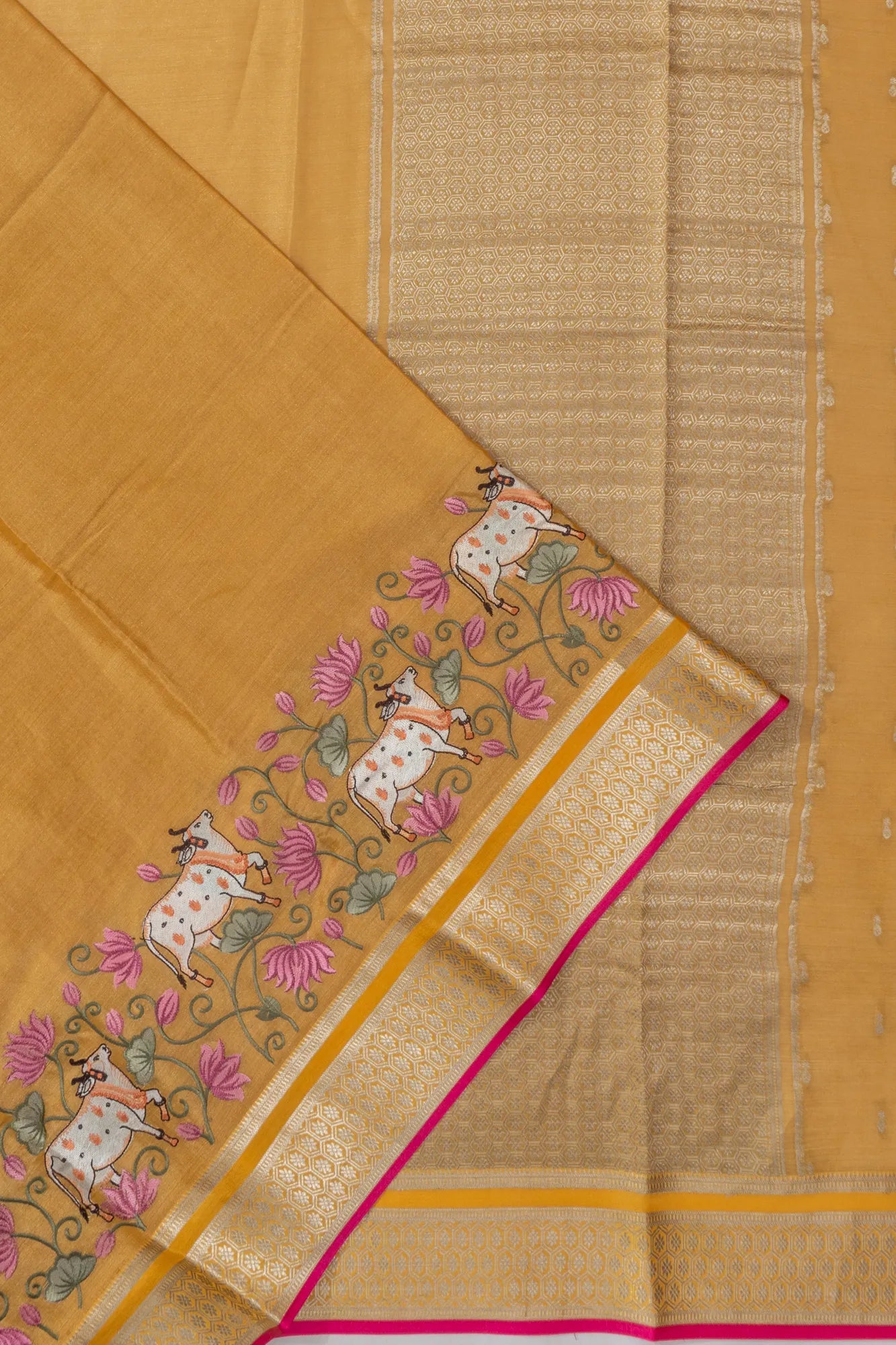 Mysore Silk Plain Yellow Saree With Pichwai Embroidery