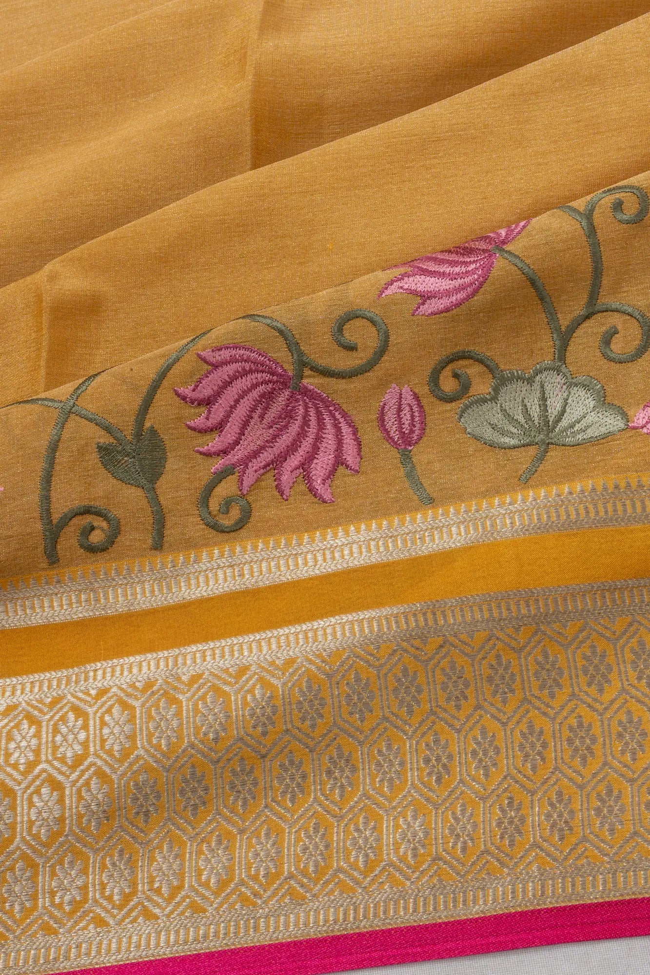 Mysore Silk Plain Yellow Saree With Pichwai Embroidery