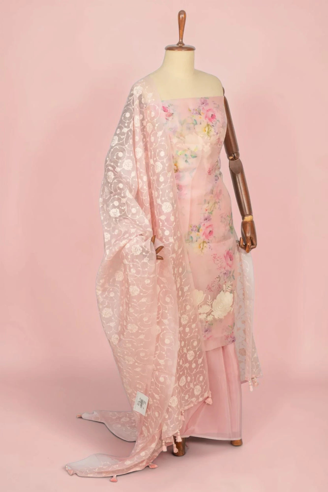 Organza Floral Printed And Embroidery Baby Pink Salwar Suit Set