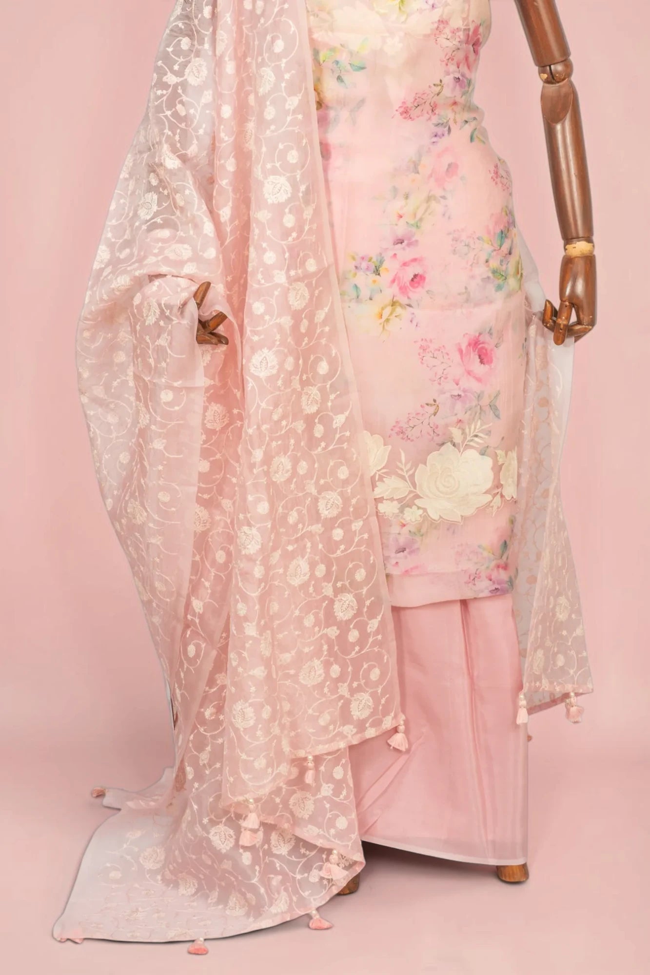 Organza Floral Printed And Embroidery Baby Pink Salwar Suit Set