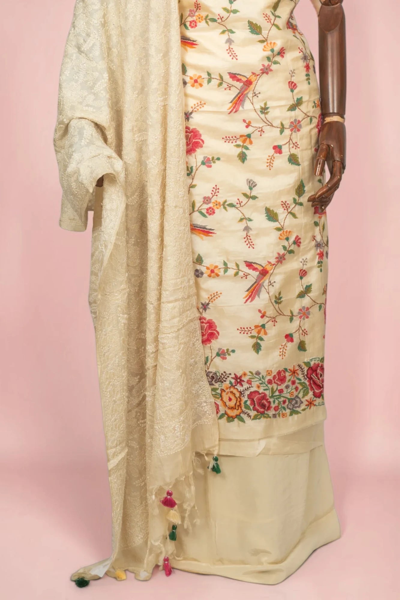 Soft Tussar All Over Embroidery Cream Salwar Suit Set