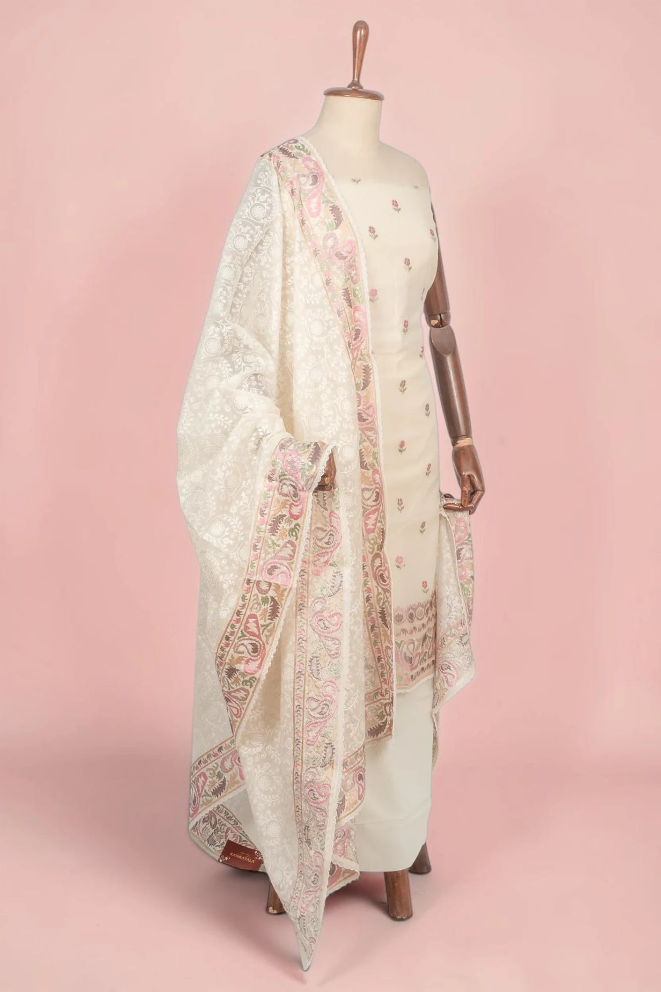 Organza Floral Embroidery Butta Off White Salwar Suit Set