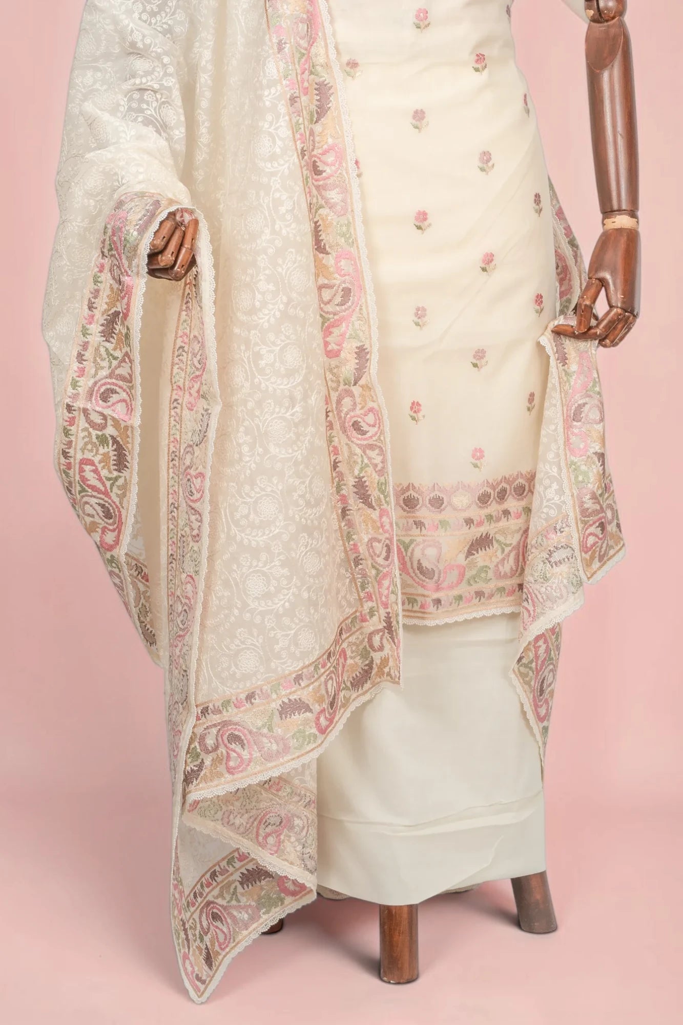 Organza Floral Embroidery Butta Off White Salwar Suit Set