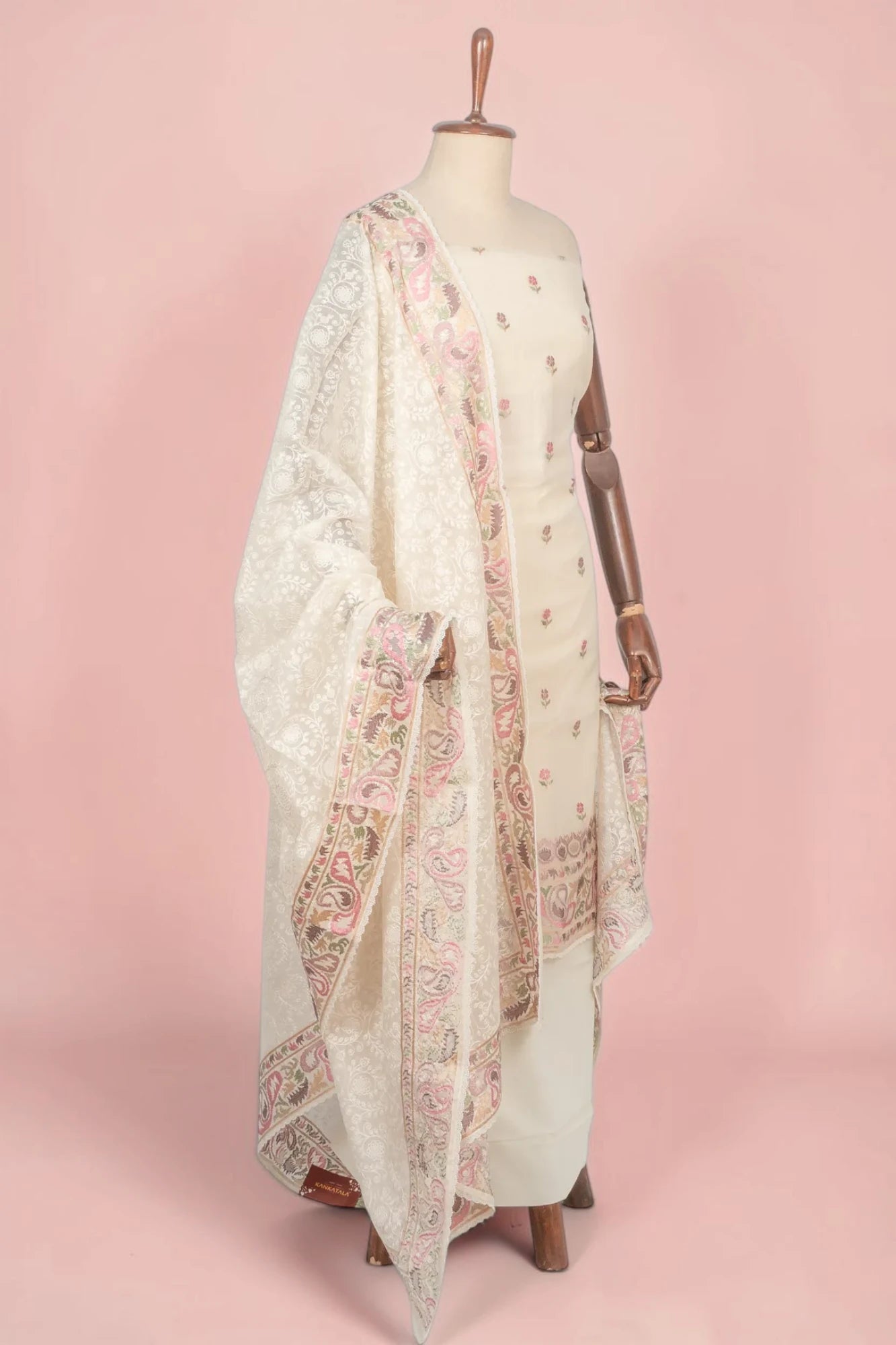 Organza Floral Embroidery Butta Off White Salwar Suit Set
