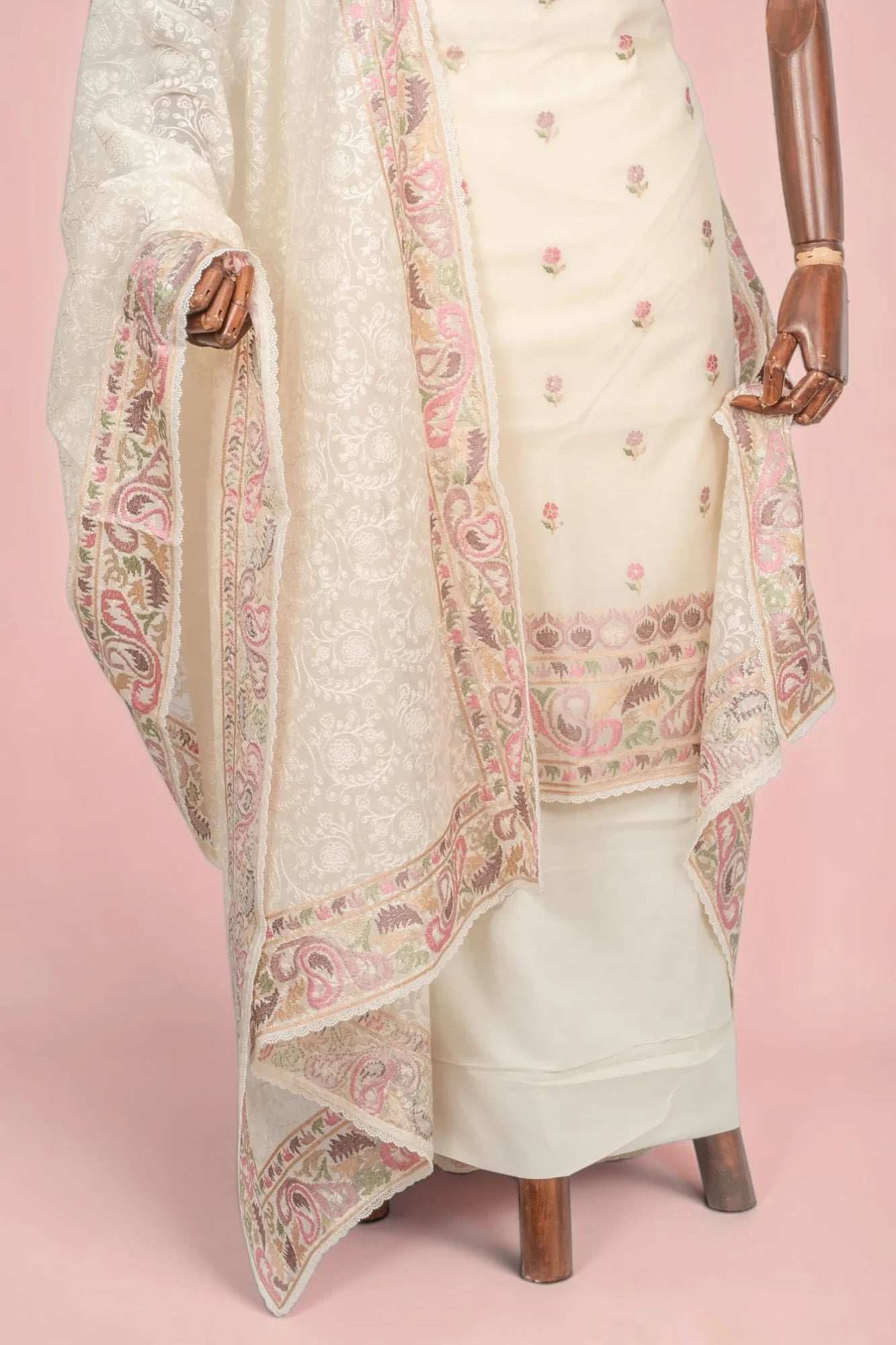 Organza Floral Embroidery Butta Off White Salwar Suit Set