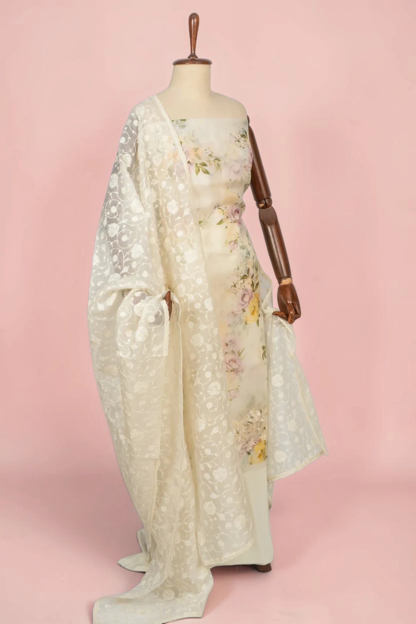 Organza Floral Printed And Embroidery Off White Salwar Suit Set