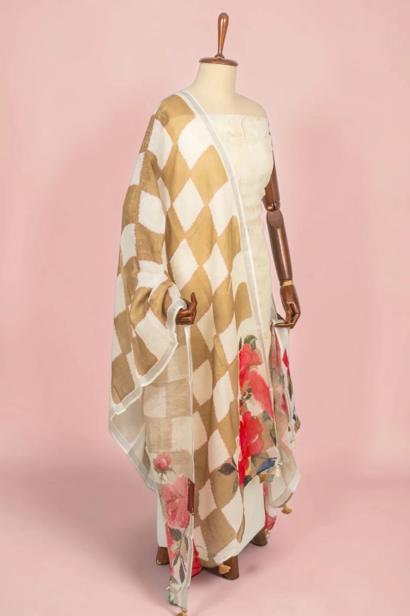 Linen Floral Embroidery Off White Salwar Suit Set