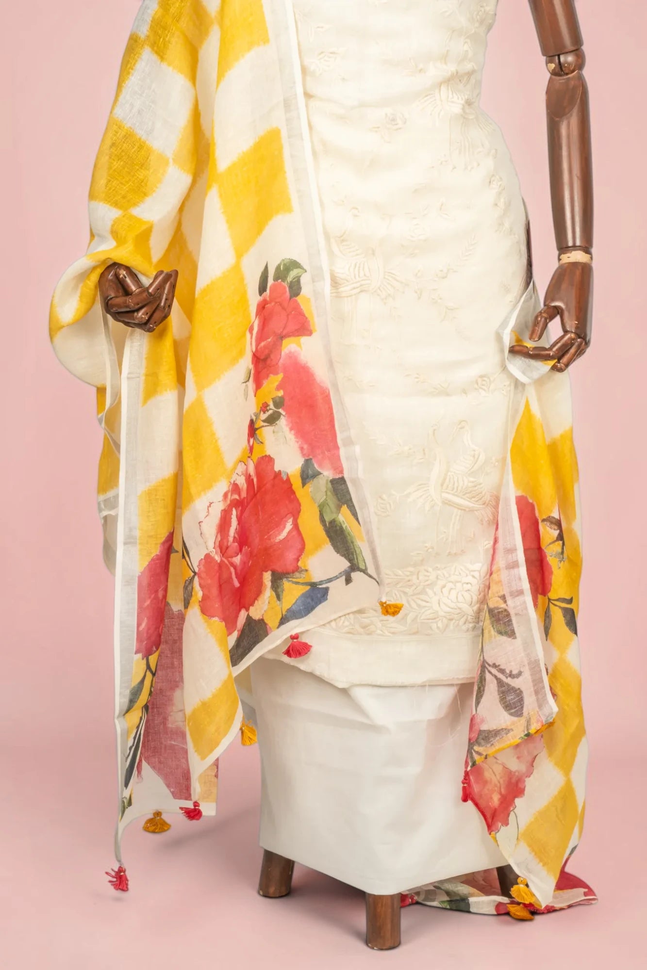 Linen Floral Embroidery Off White Salwar Suit Set