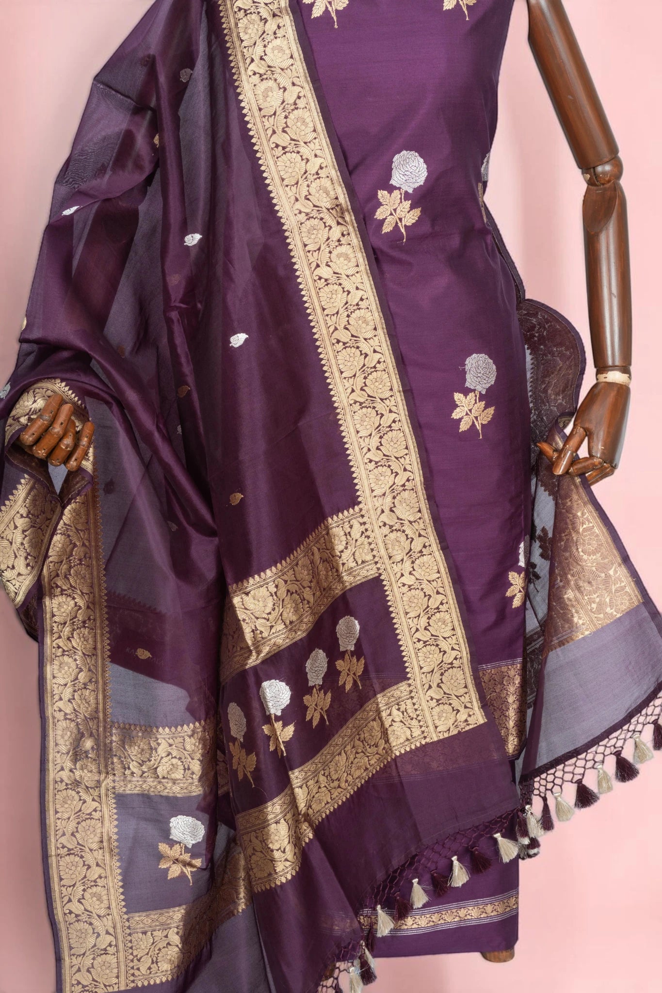 Banarasi Silk Butta Purple Salwar Suit Set With Organza Dupatta