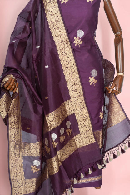 Banarasi Silk Butta Purple Salwar Suit Set With Organza Dupatta