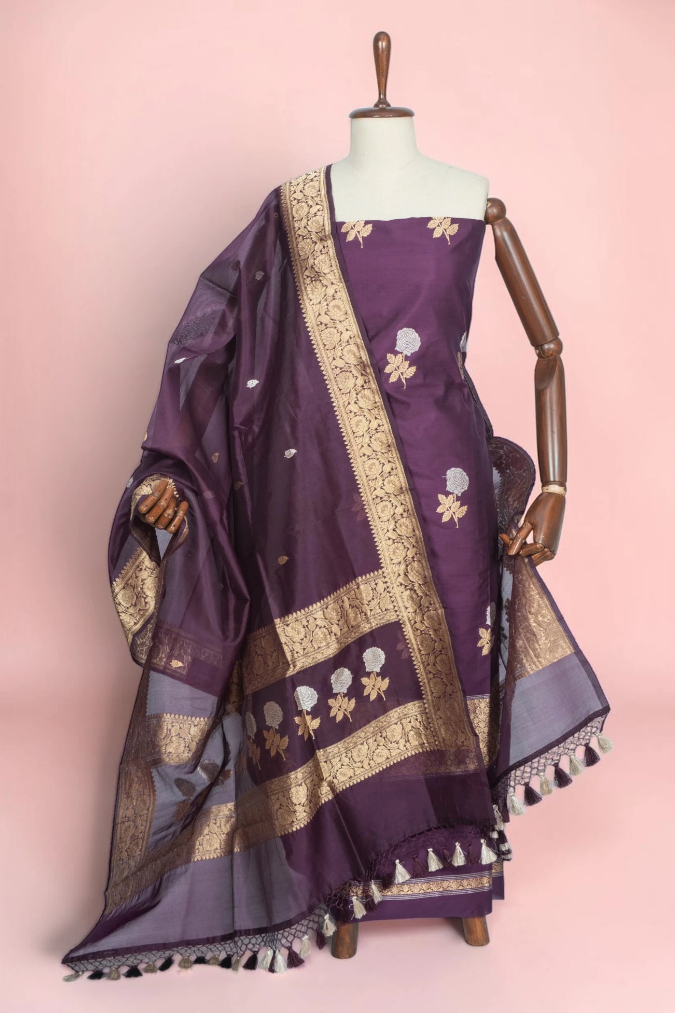 Banarasi Silk Butta Purple Salwar Suit Set With Organza Dupatta