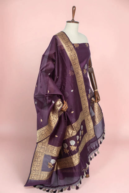 Banarasi Silk Butta Purple Salwar Suit Set With Organza Dupatta