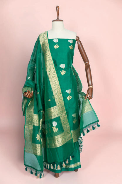 Banarasi Silk Butta Green Salwar Suit Set With Organza Dupatta