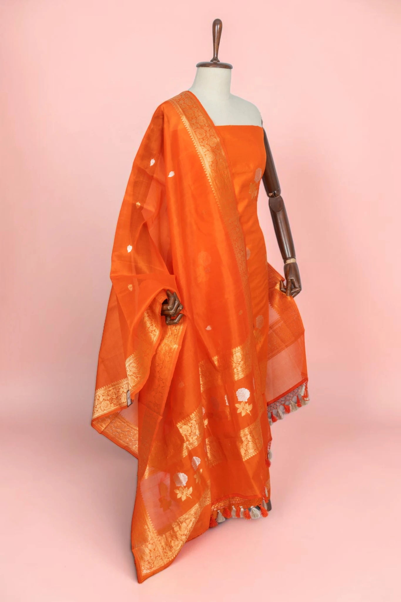 Banarasi Silk Butta Orange Salwar Suit Set With Organza Dupatta