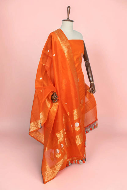 Banarasi Silk Butta Orange Salwar Suit Set With Organza Dupatta