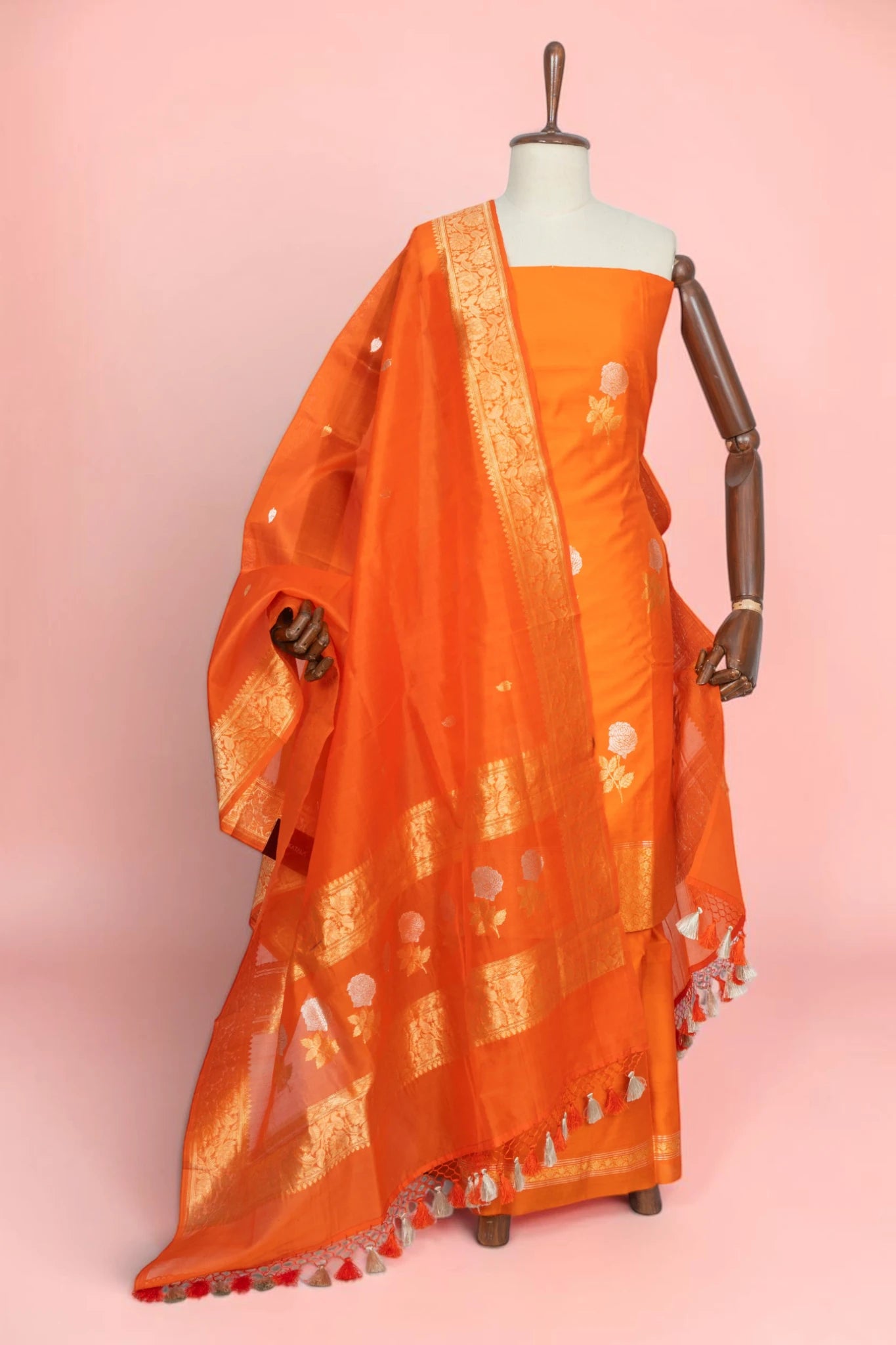 Banarasi Silk Butta Orange Salwar Suit Set With Organza Dupatta