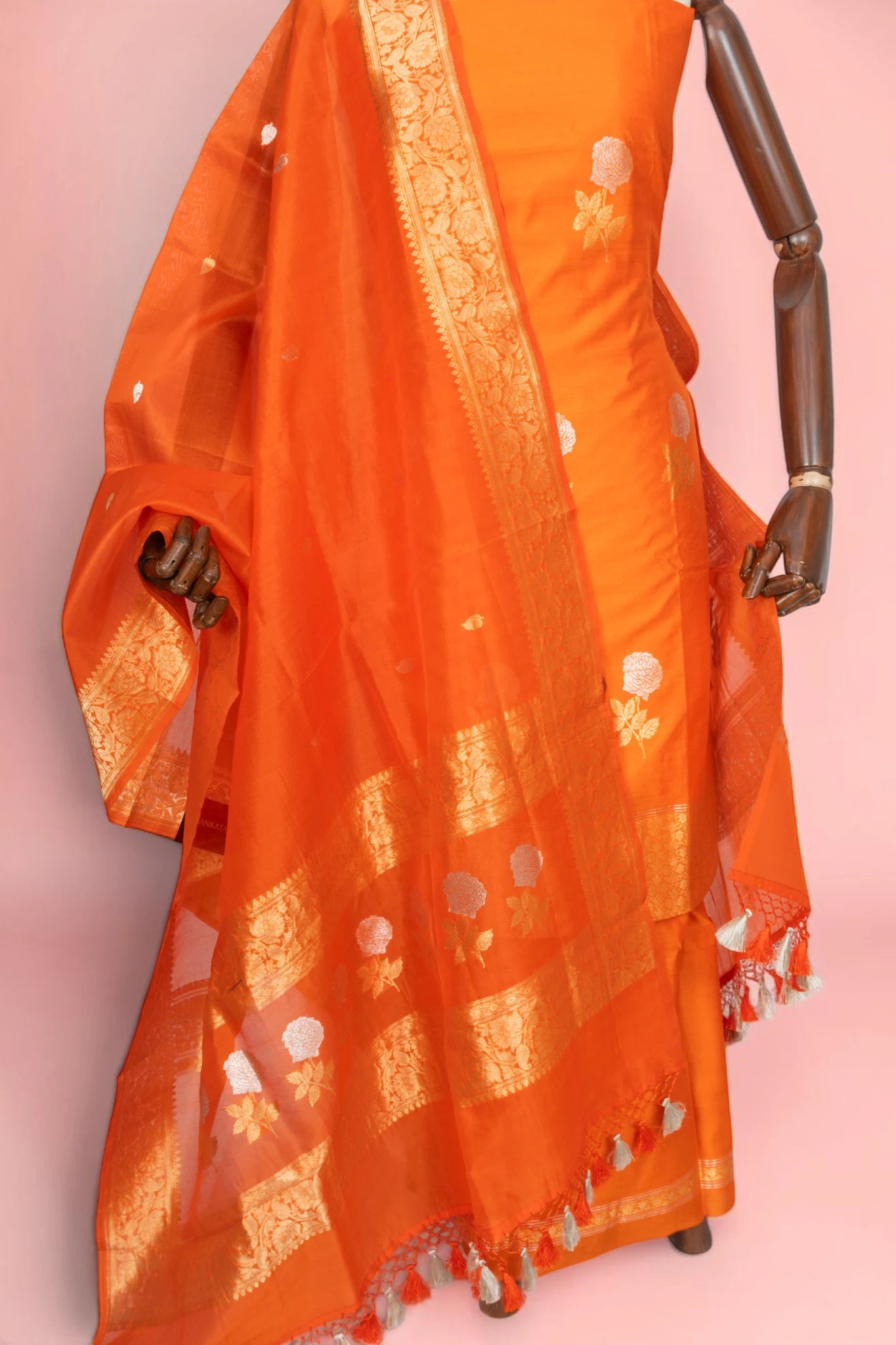 Banarasi Silk Butta Orange Salwar Suit Set With Organza Dupatta