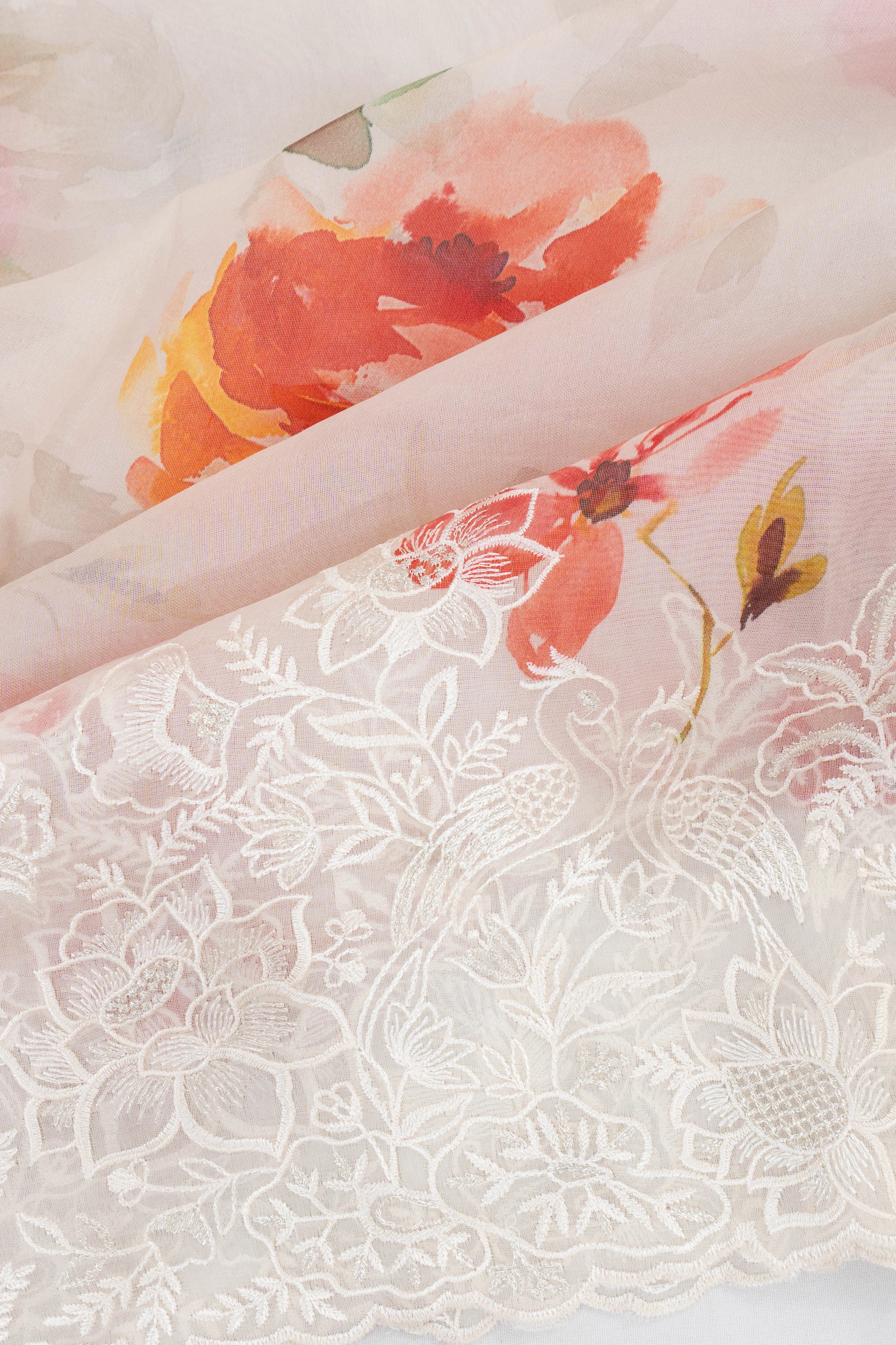 Organza Floral Printed Pink Saree With Embroidery Scallop Border