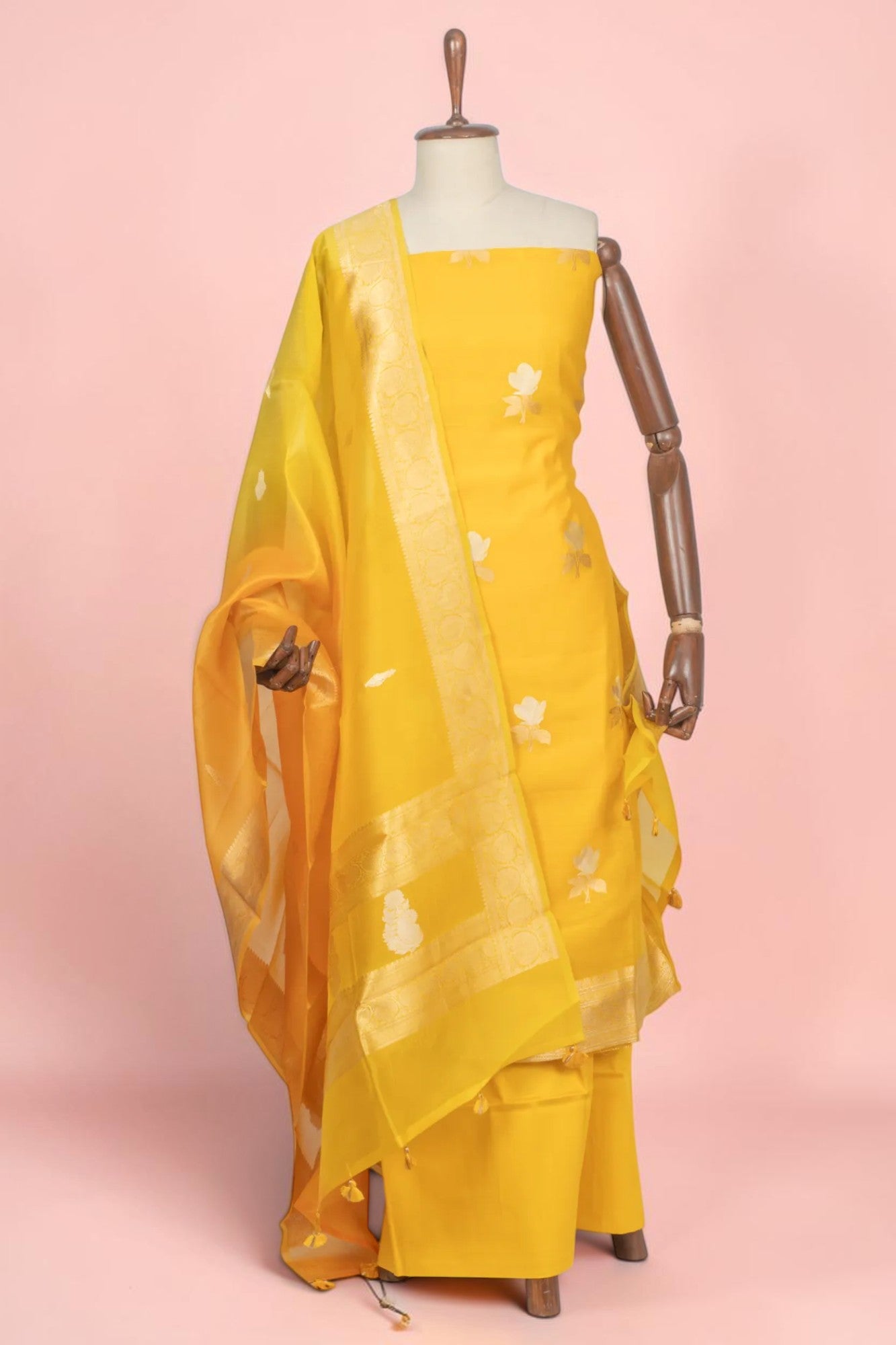 Banarasi Silk Butta Yellow Salwar Suit Set